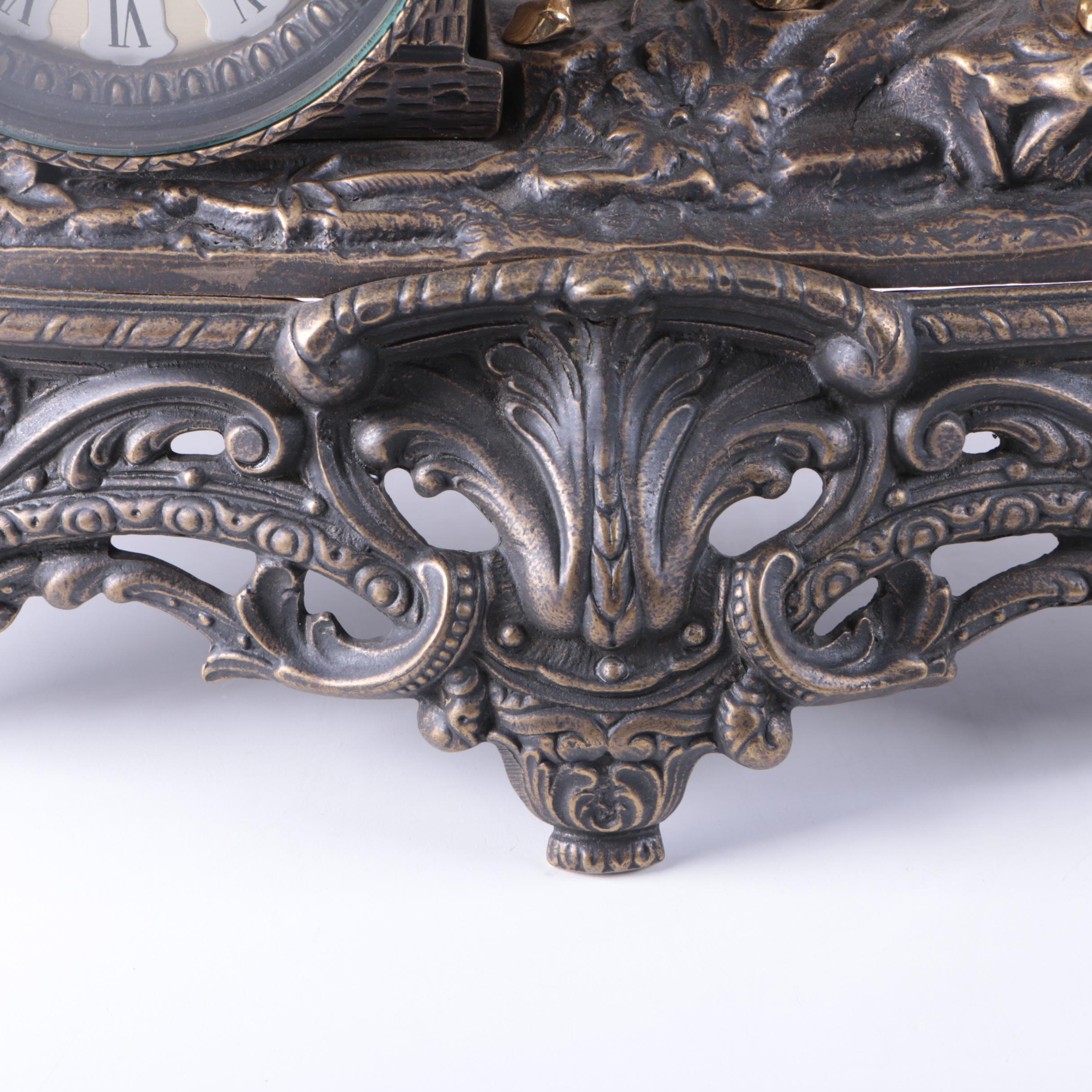 Spelter and Brass Black Forest Figural Quartz Mantel Clock