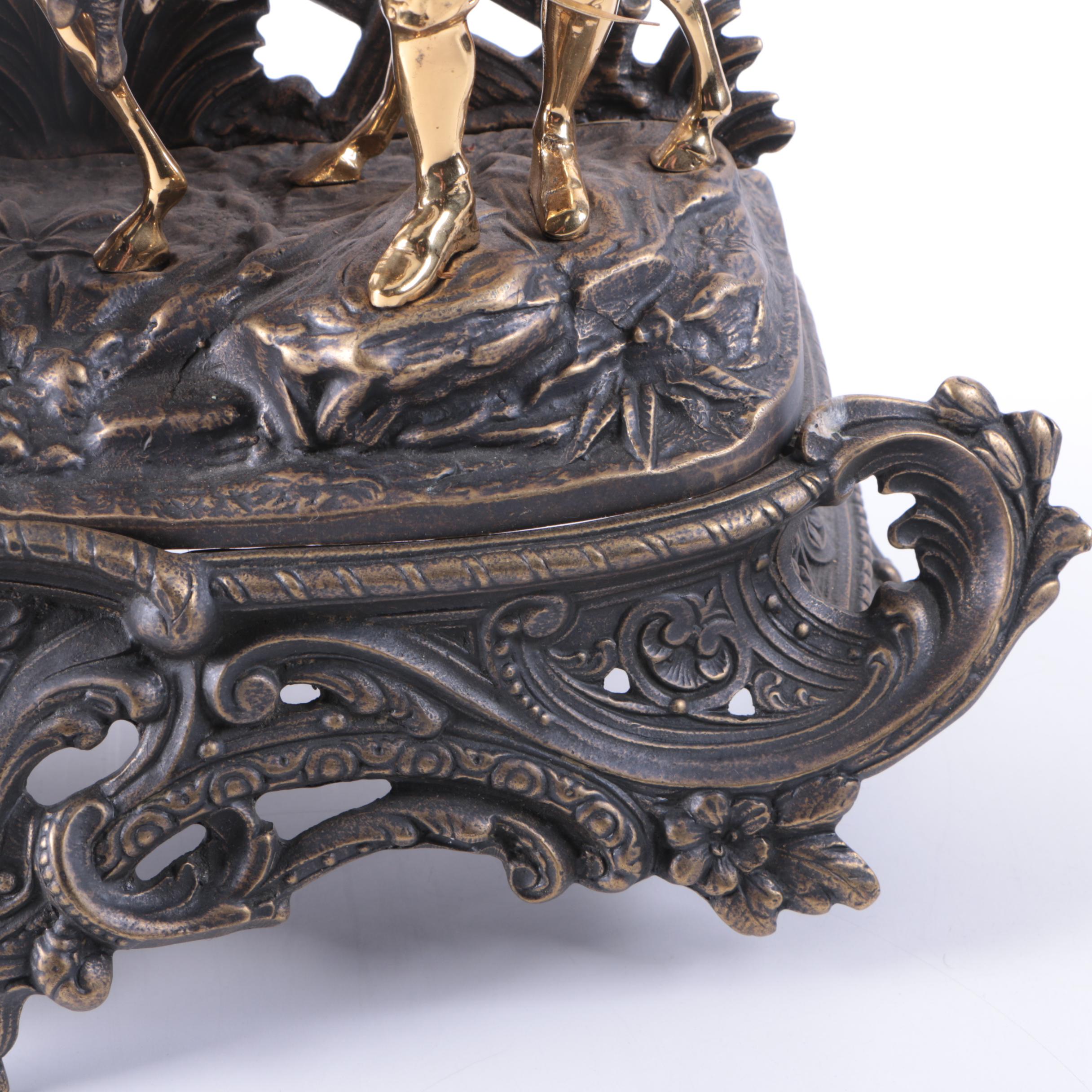 Spelter and Brass Black Forest Figural Quartz Mantel Clock