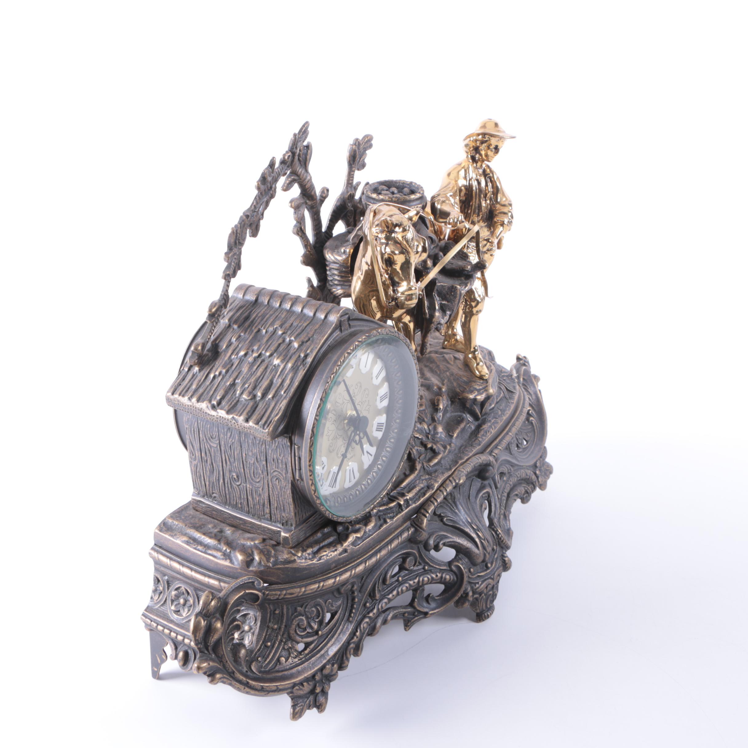 Spelter and Brass Black Forest Figural Quartz Mantel Clock