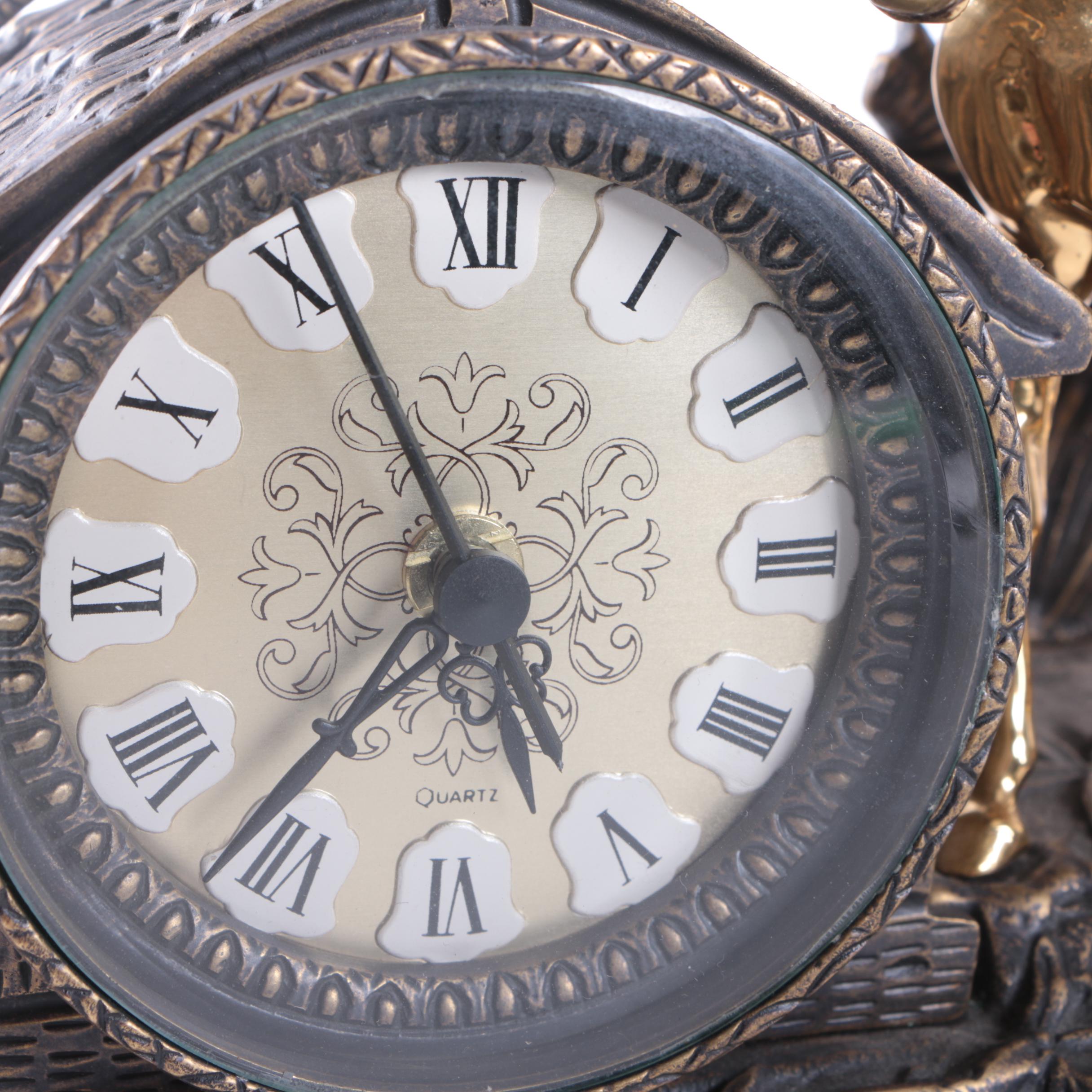 Spelter and Brass Black Forest Figural Quartz Mantel Clock