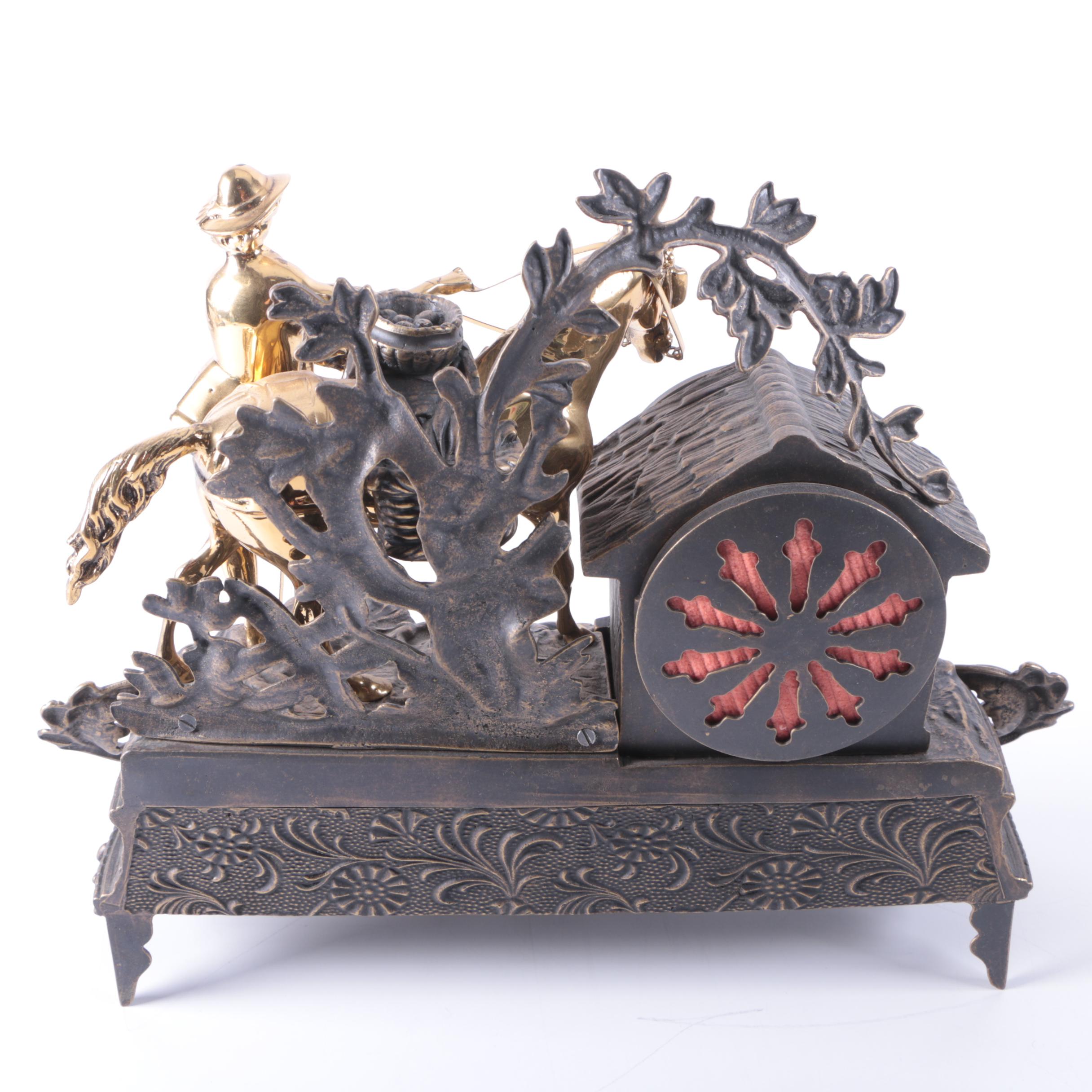 Spelter and Brass Black Forest Figural Quartz Mantel Clock