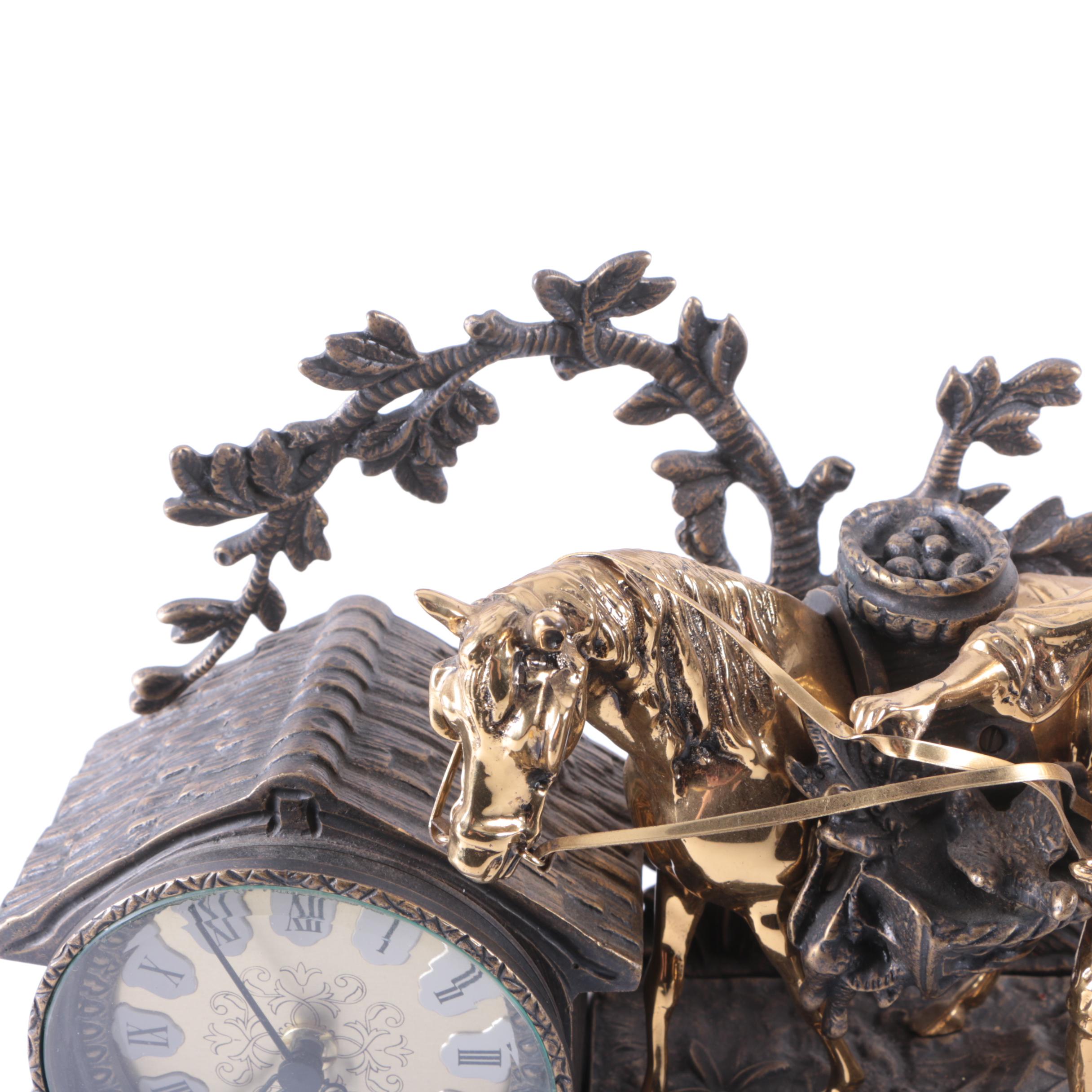 Spelter and Brass Black Forest Figural Quartz Mantel Clock