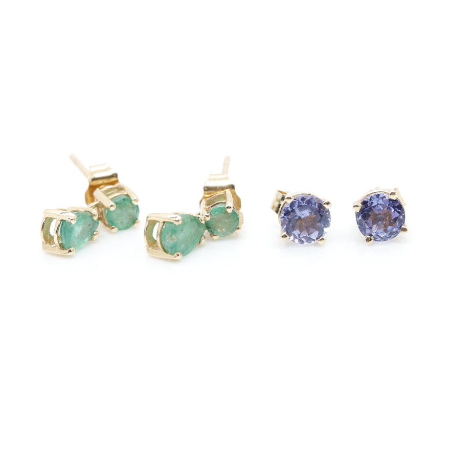 14K Yellow Gold Earring Assortment Including Emerald and Tanzanite