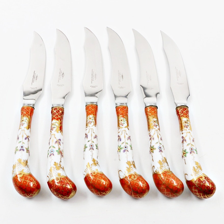 Set of Six Fish Knives with Porcelain Handles, Made in Sheffield, England