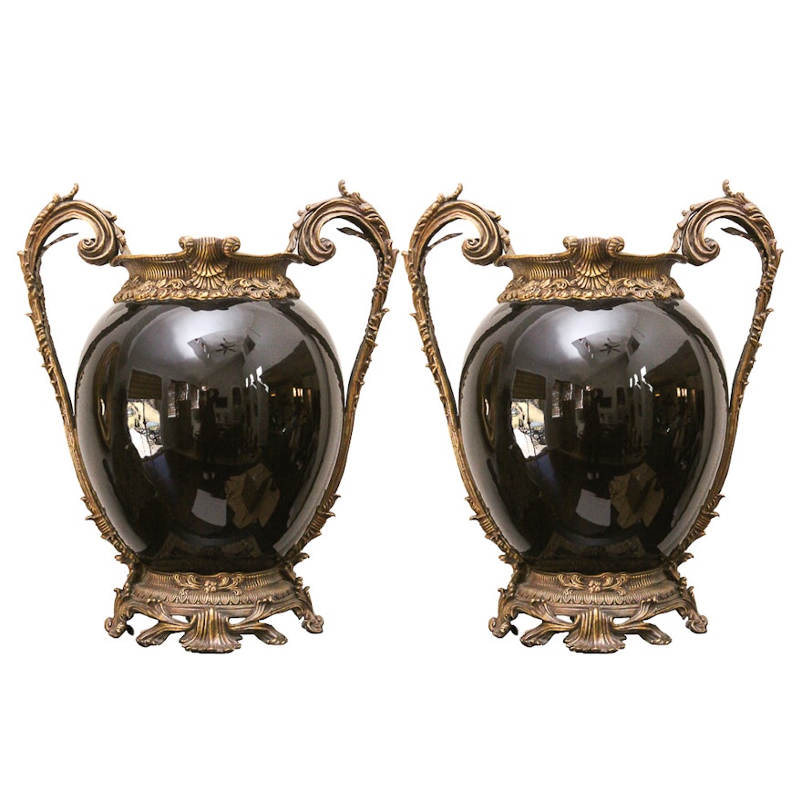 Matching Decorative Brass and Ceramic Urns