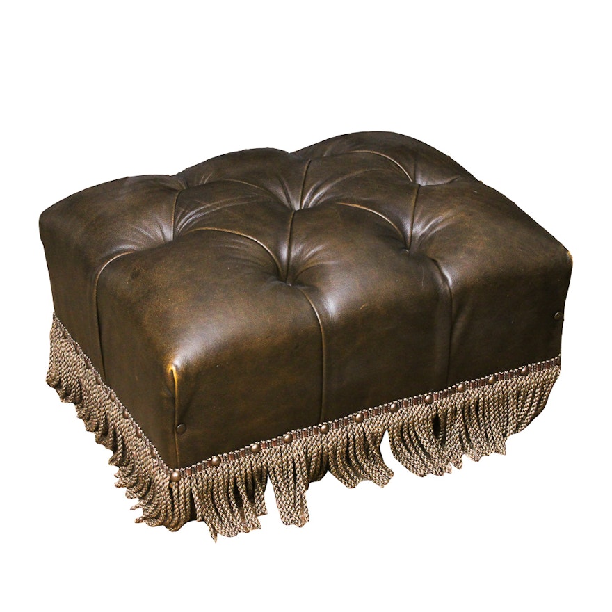 Leather Tufted Ottoman with Fringe