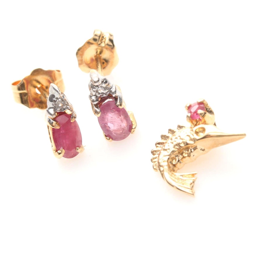 14K Yellow Gold Ruby Pendant and Earrings Including Diamonds