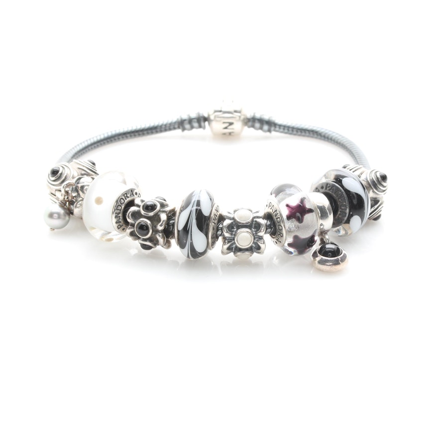 Pandora Sterling Silver Black and White Onyx Charm Bracelet