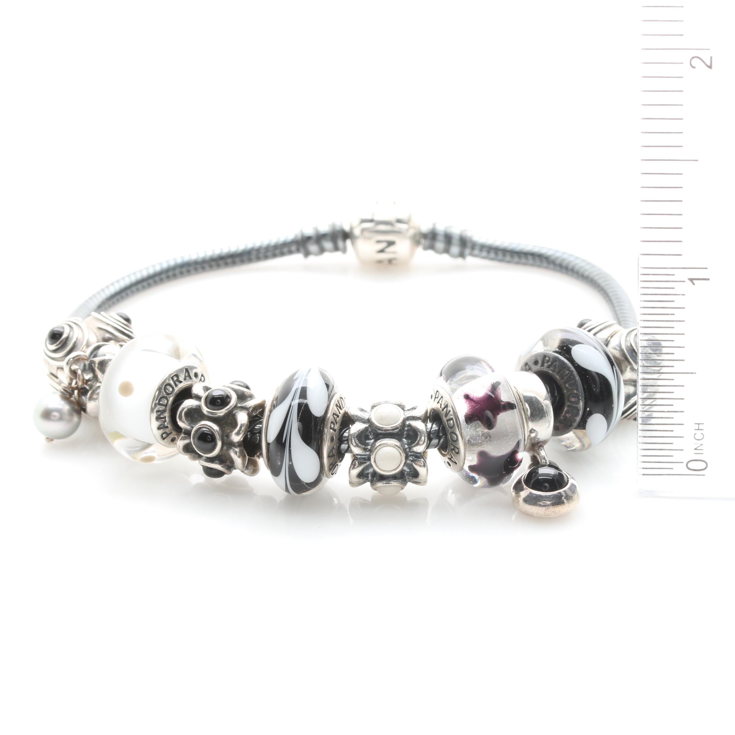 Pandora Sterling Silver Black and White Onyx Charm Bracelet