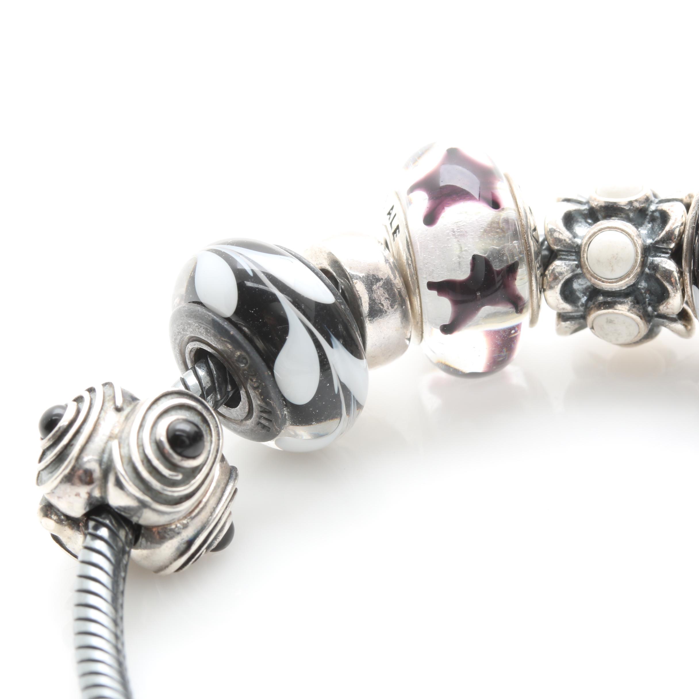 Pandora Sterling Silver Black and White Onyx Charm Bracelet