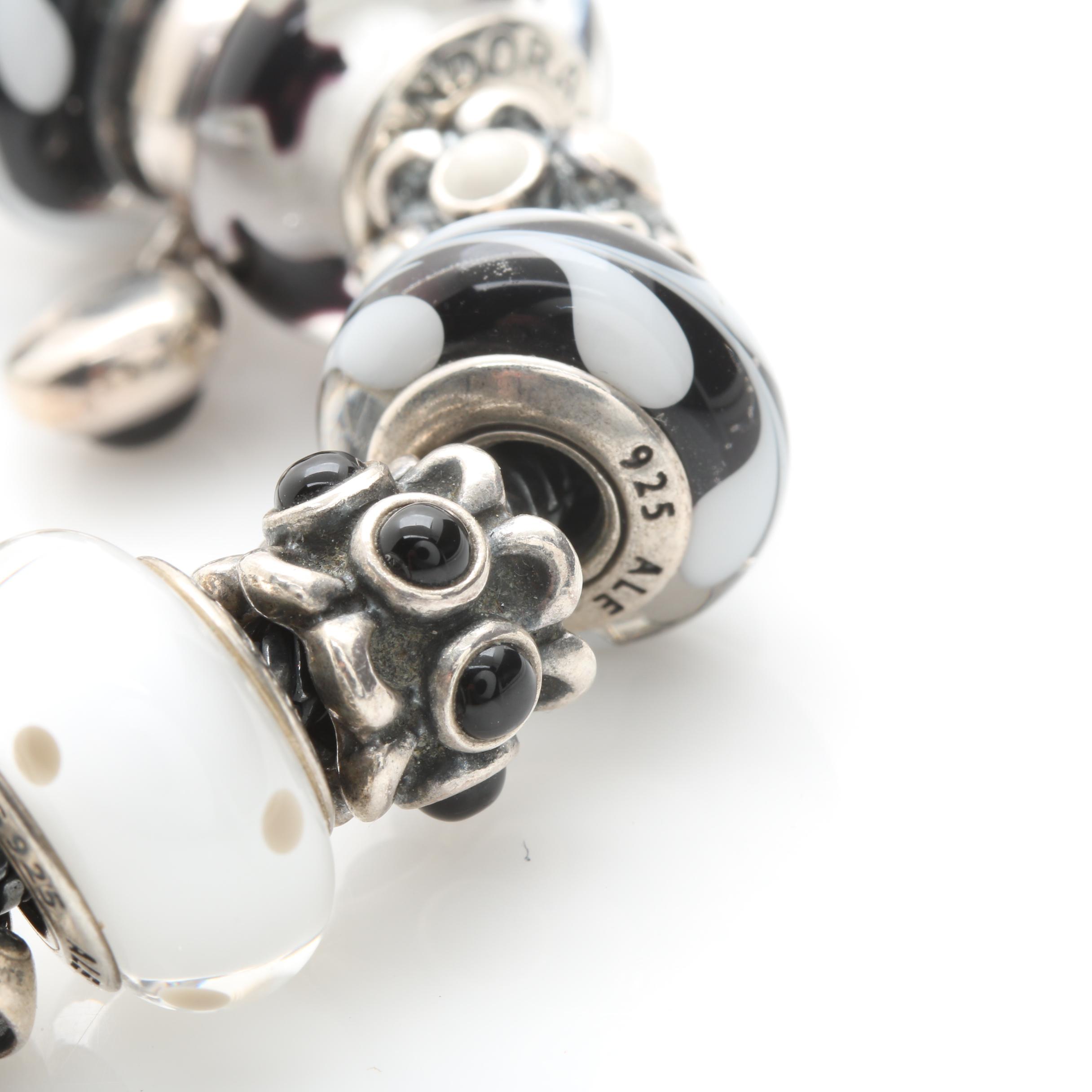 Pandora Sterling Silver Black and White Onyx Charm Bracelet