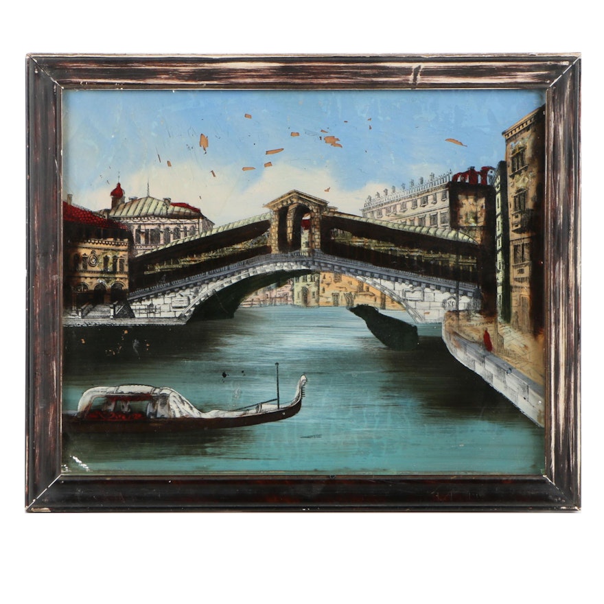 Reverse Oil Painting on Glass of Italian Canal