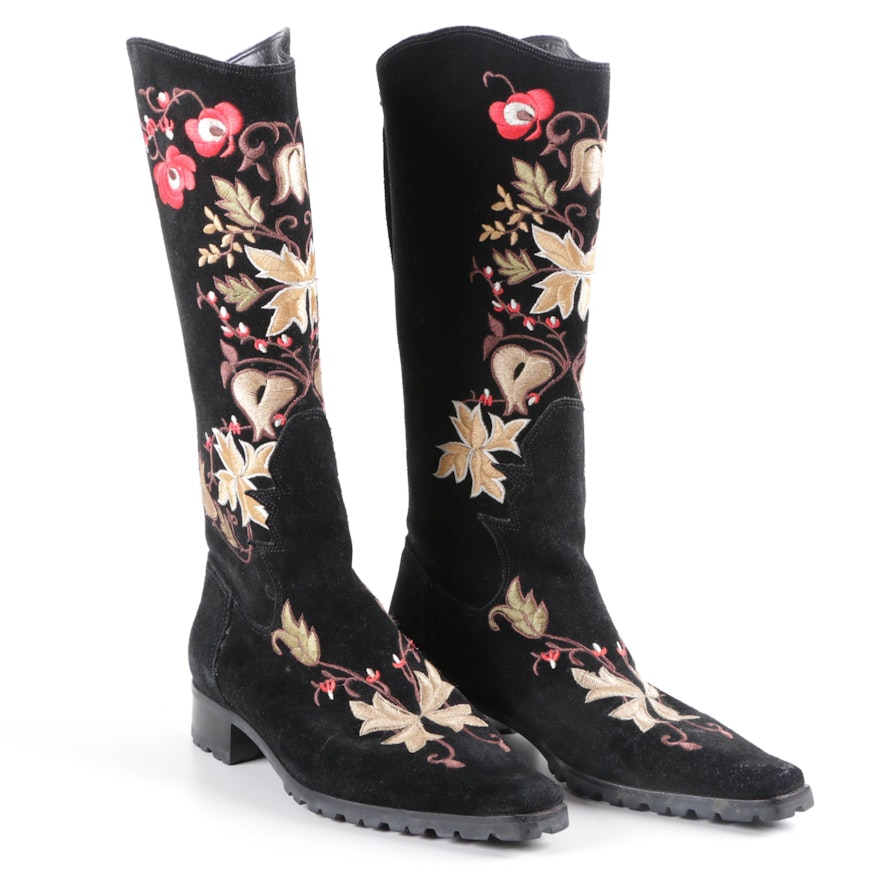 Women's Bernardo Black Suede Boots with Floral Embroidery