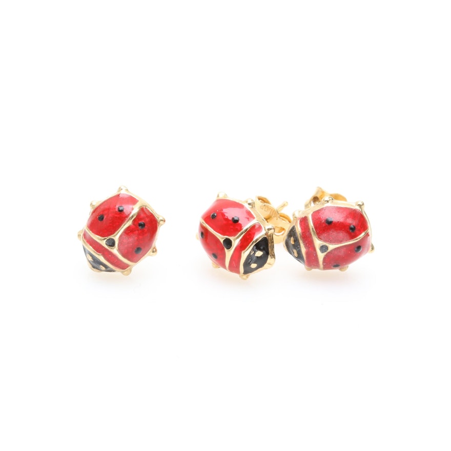 18K Yellow Gold Enamel Ladybug Earrings