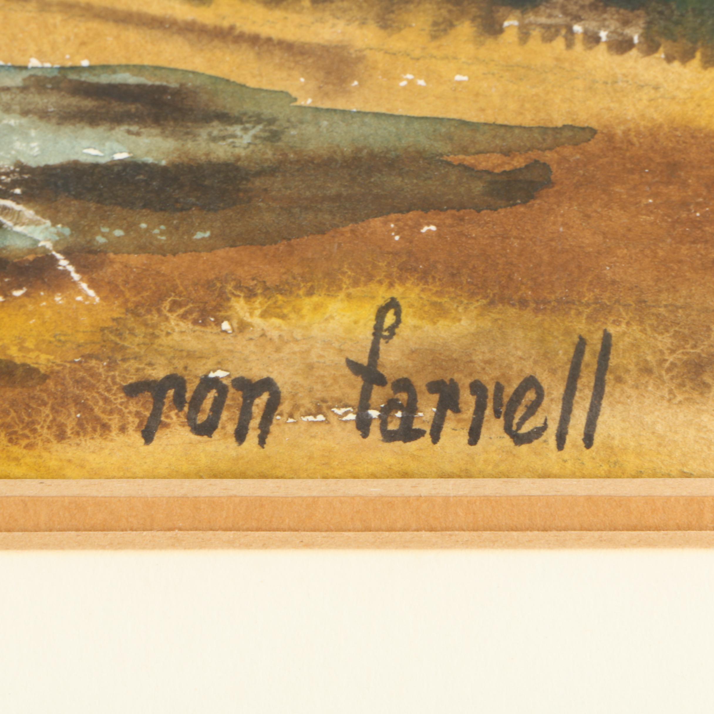 Ron Farrell Watercolor Painting of Rural Landscape with Round Barn