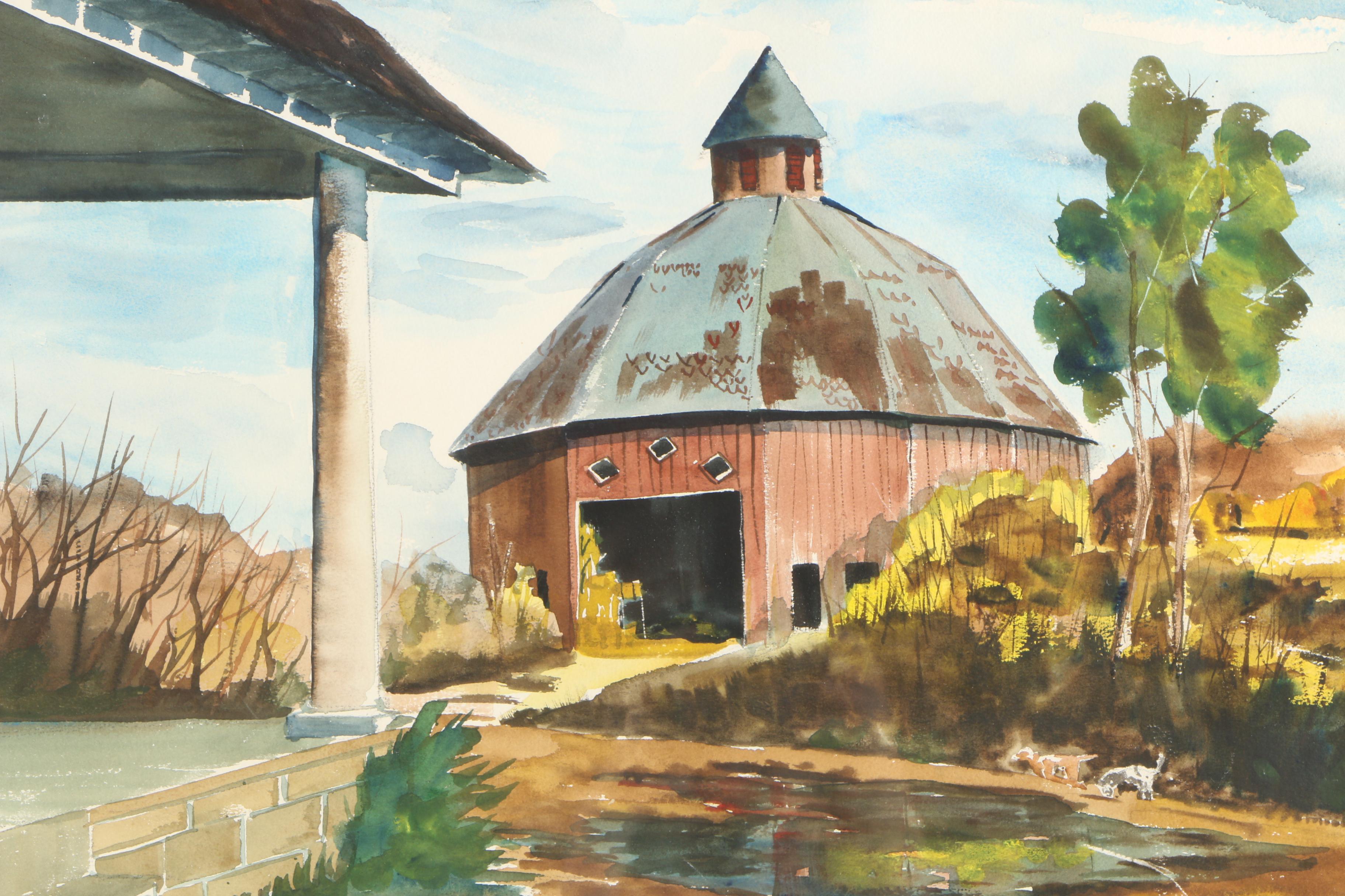 Ron Farrell Watercolor Painting of Rural Landscape with Round Barn