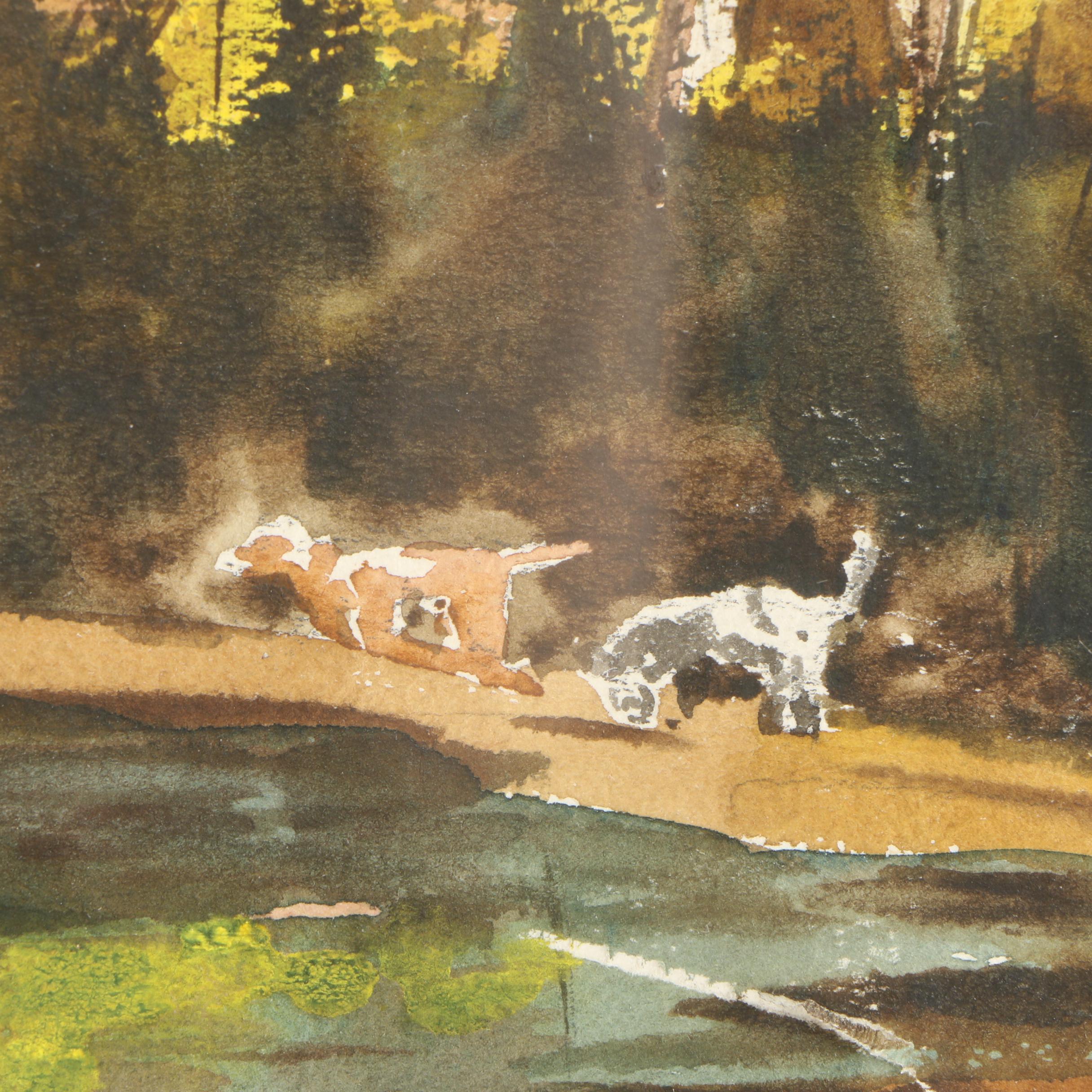 Ron Farrell Watercolor Painting of Rural Landscape with Round Barn