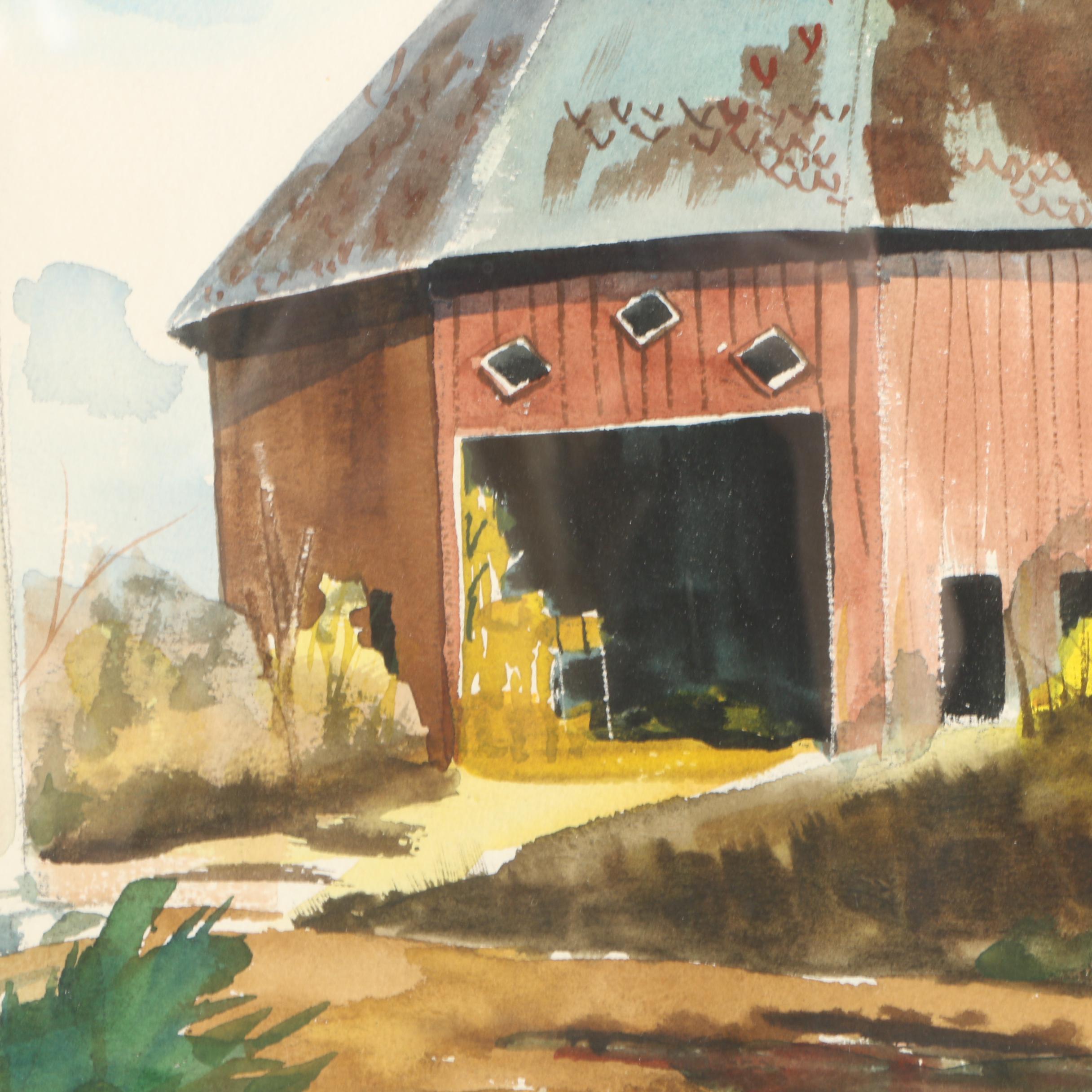 Ron Farrell Watercolor Painting of Rural Landscape with Round Barn