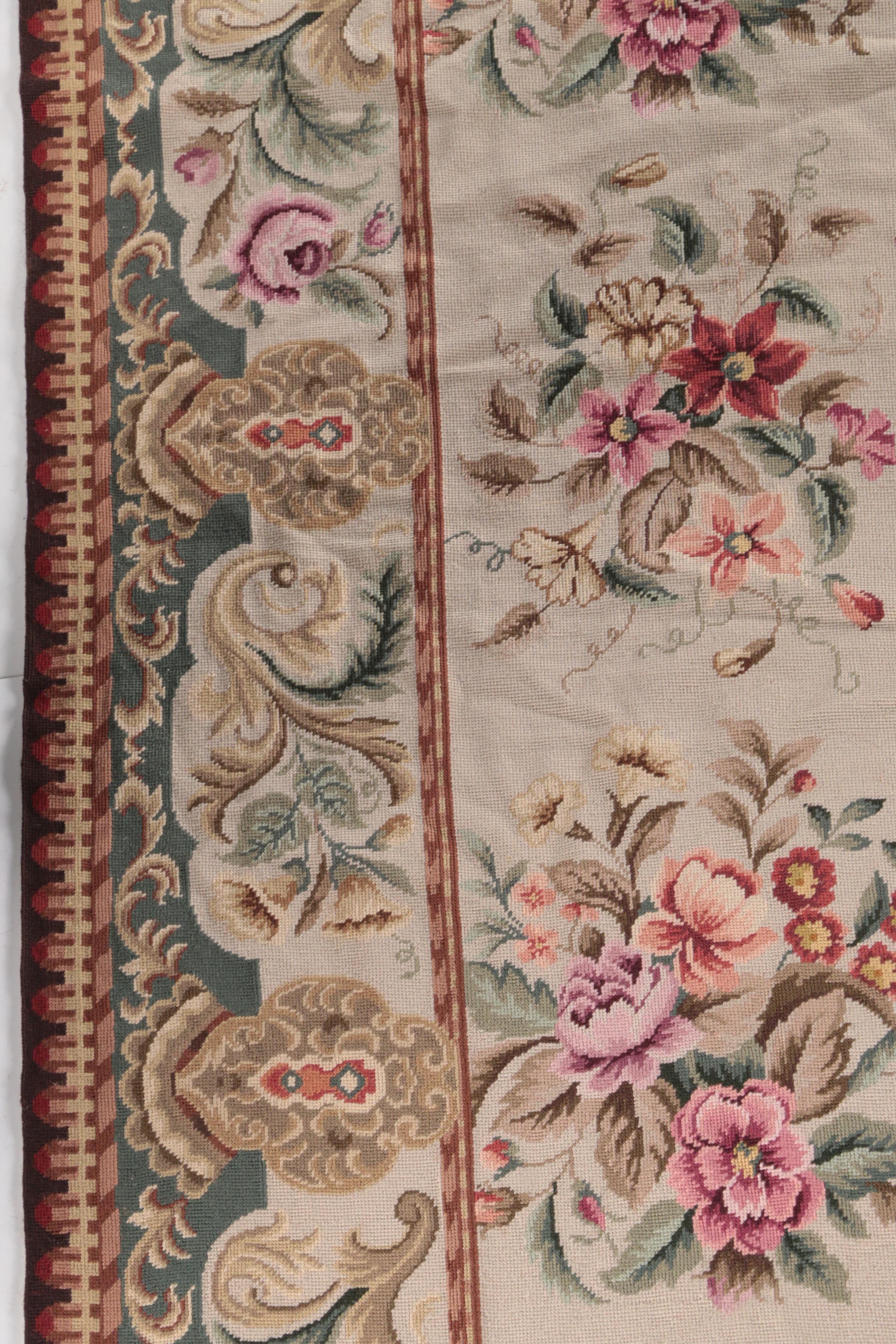 Semi-Antique Russian Floral Needlepoint Aubusson Wool Area Rug
