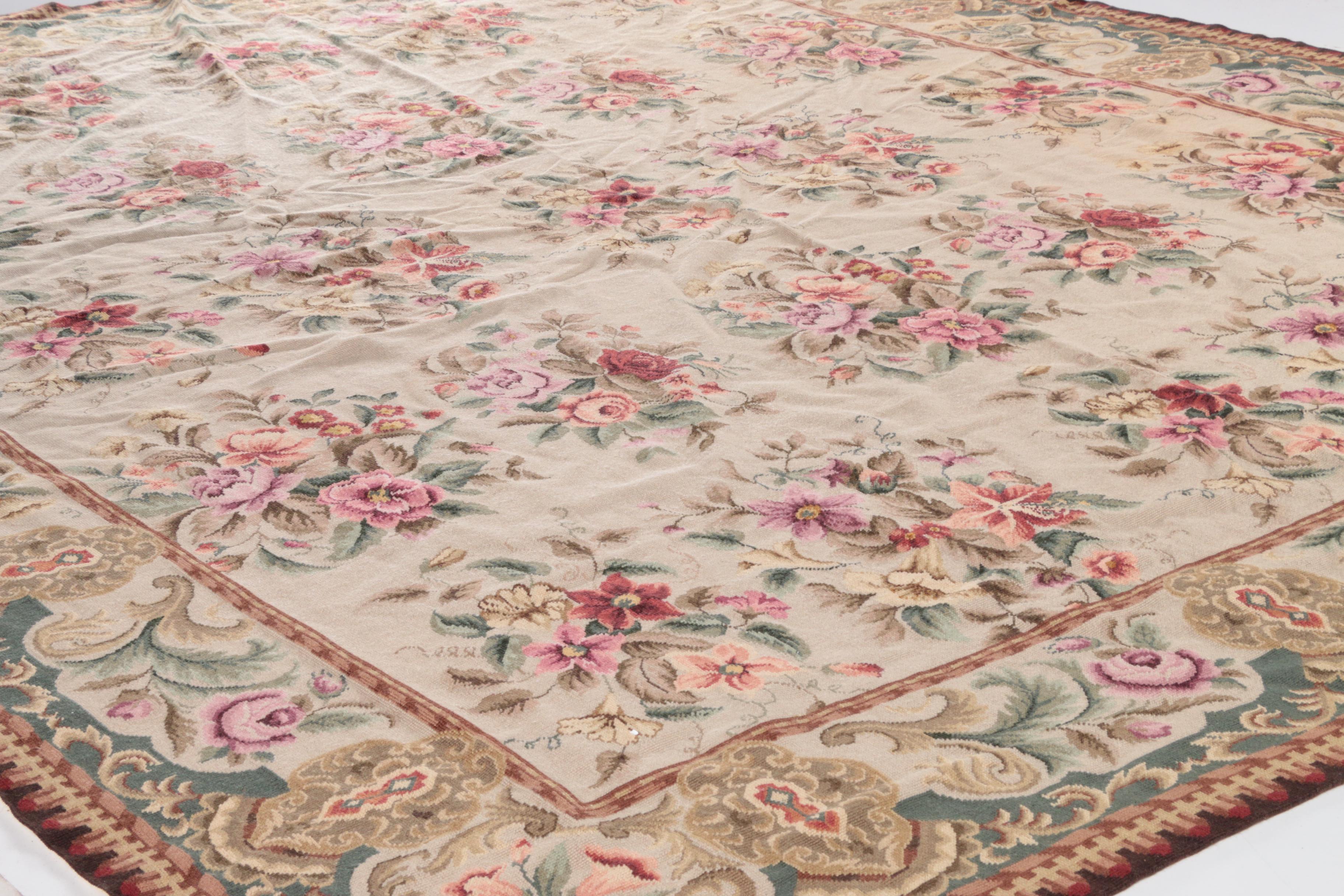 Semi-Antique Russian Floral Needlepoint Aubusson Wool Area Rug