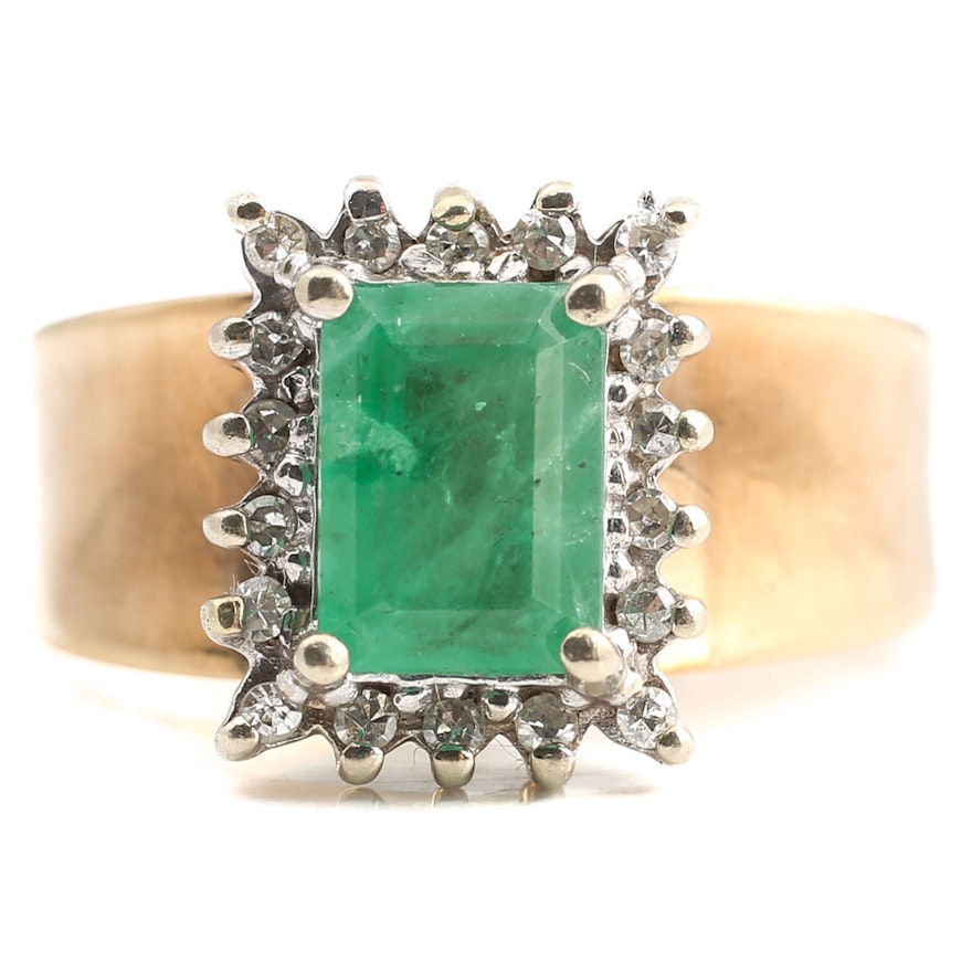 14K Yellow Gold Emerald and Diamond Halo Ring