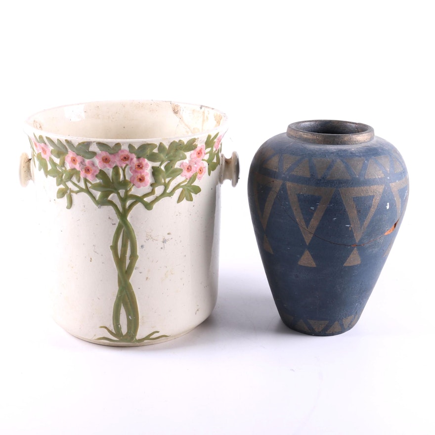 French Sarreguemines Faience Slop Pail and Earthenware Vase