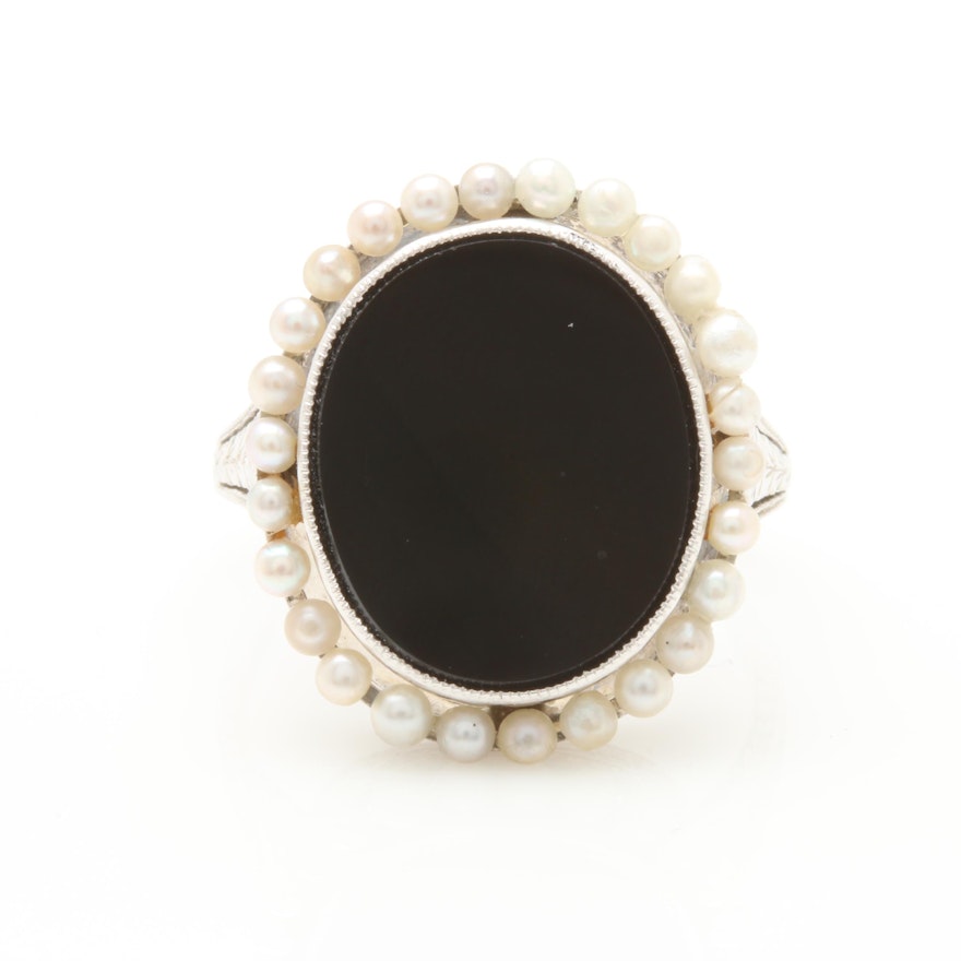 Edwardian Style 18K White Gold Black Onyx and Cultured Pearl Ring