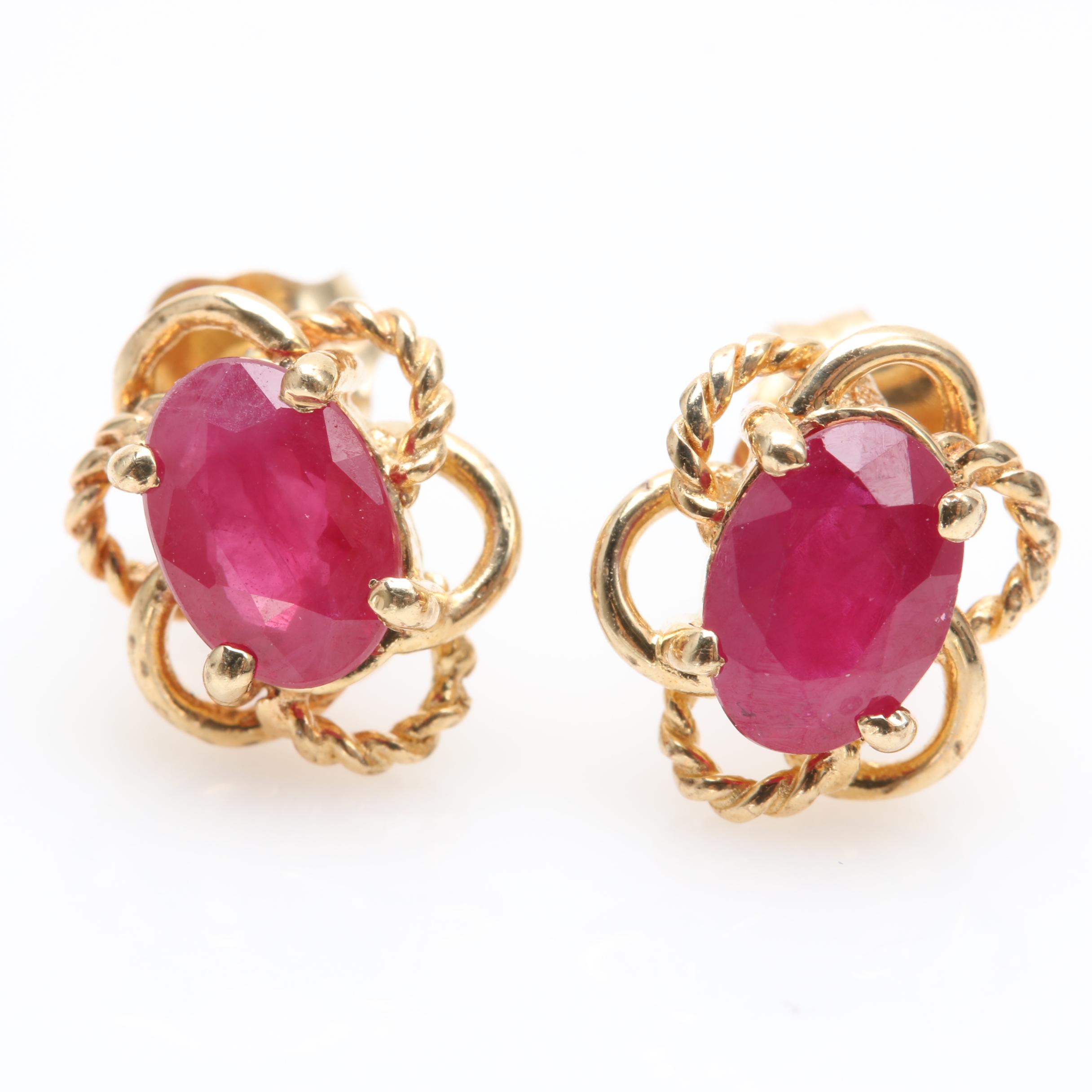 14K Yellow Gold Synthetic Ruby Earrings