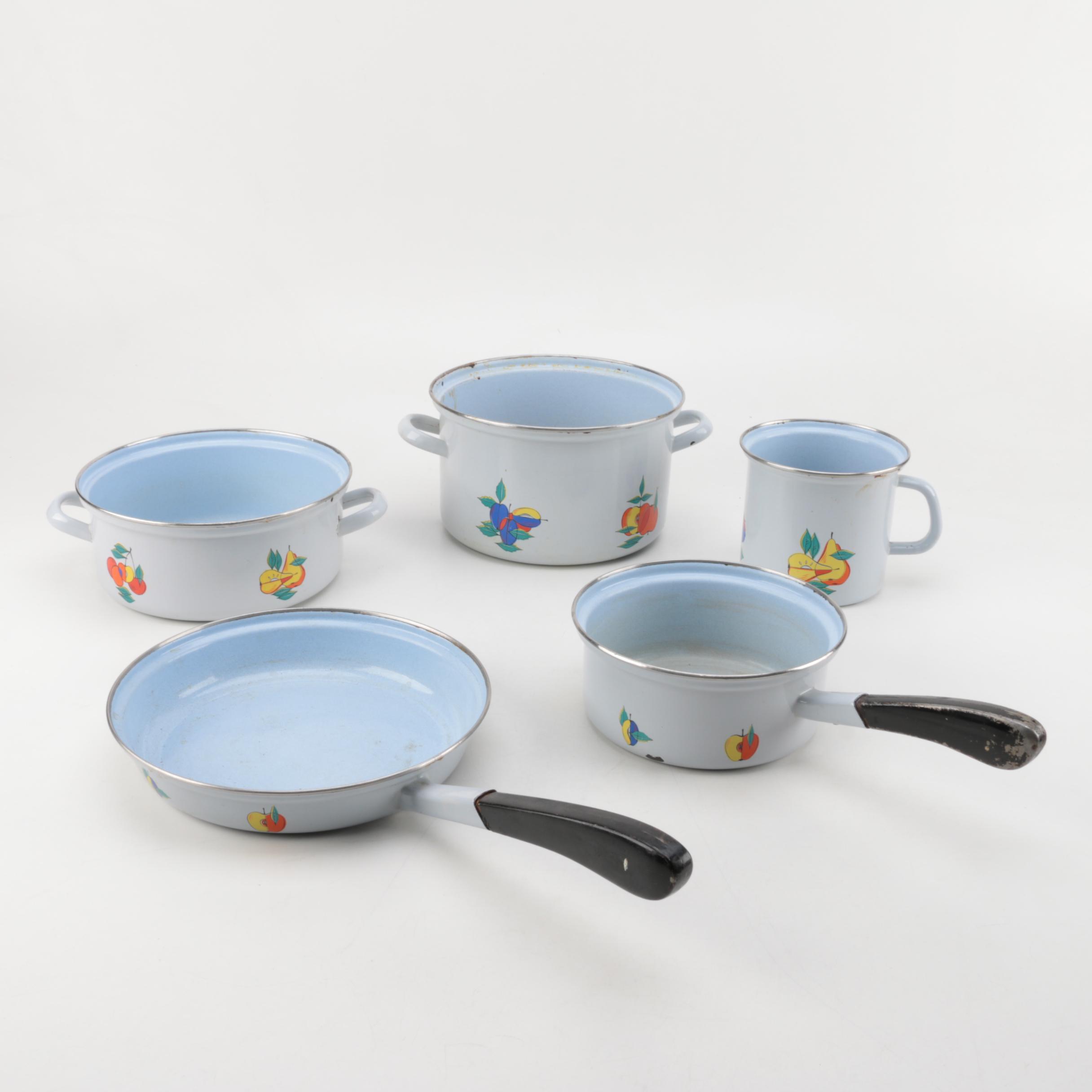 Vintage Enameled Cookware Light Blue with Fruit Design