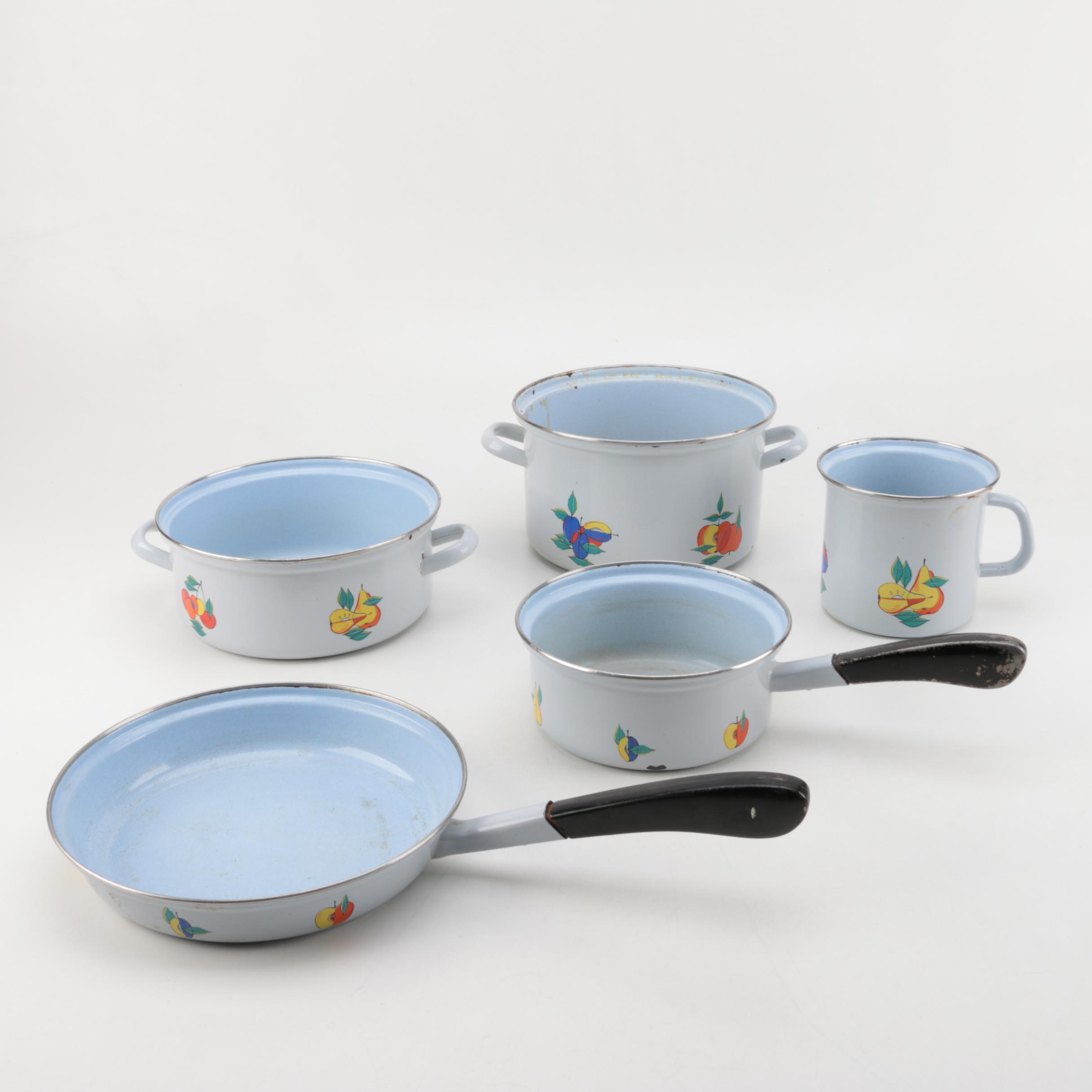 Vintage Enameled Cookware Light Blue with Fruit Design