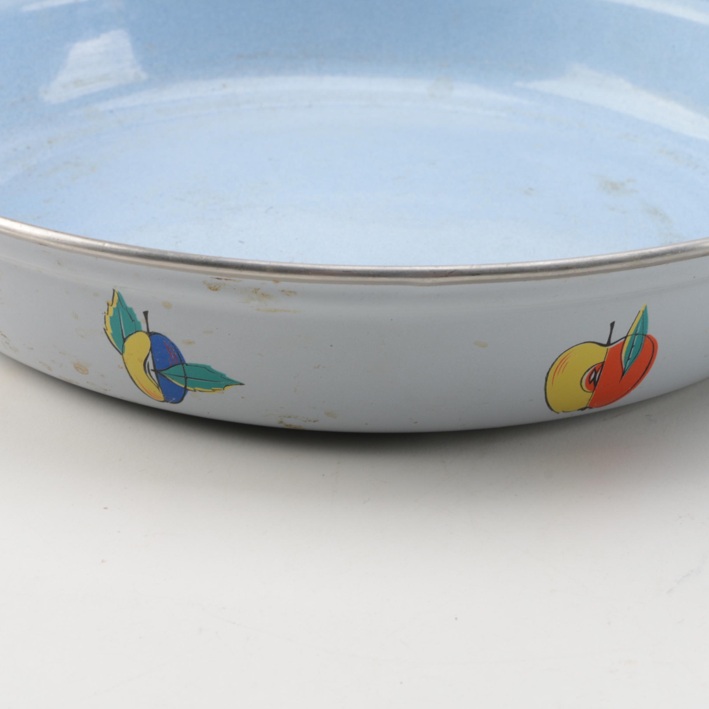 Vintage Enameled Cookware Light Blue with Fruit Design