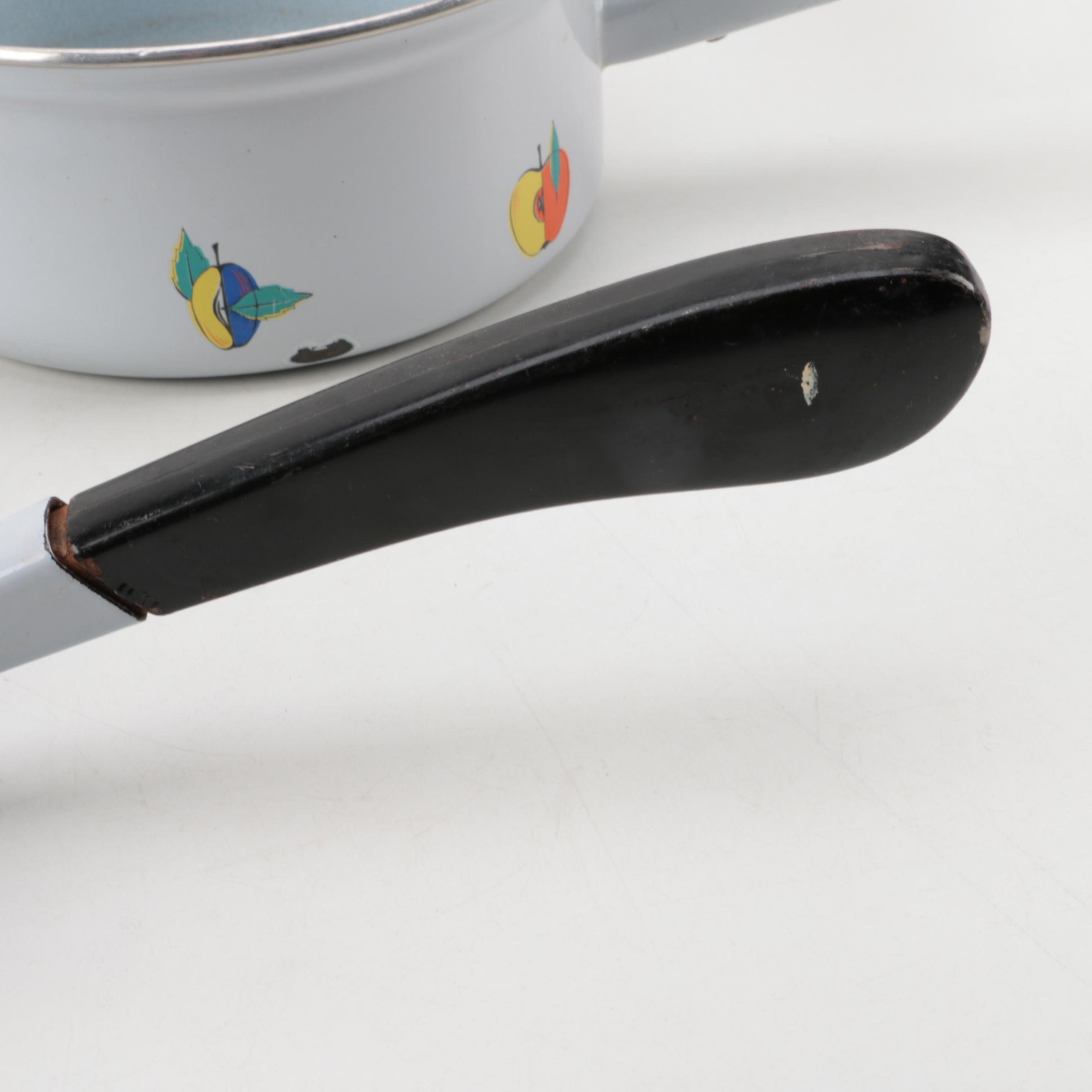 Vintage Enameled Cookware Light Blue with Fruit Design