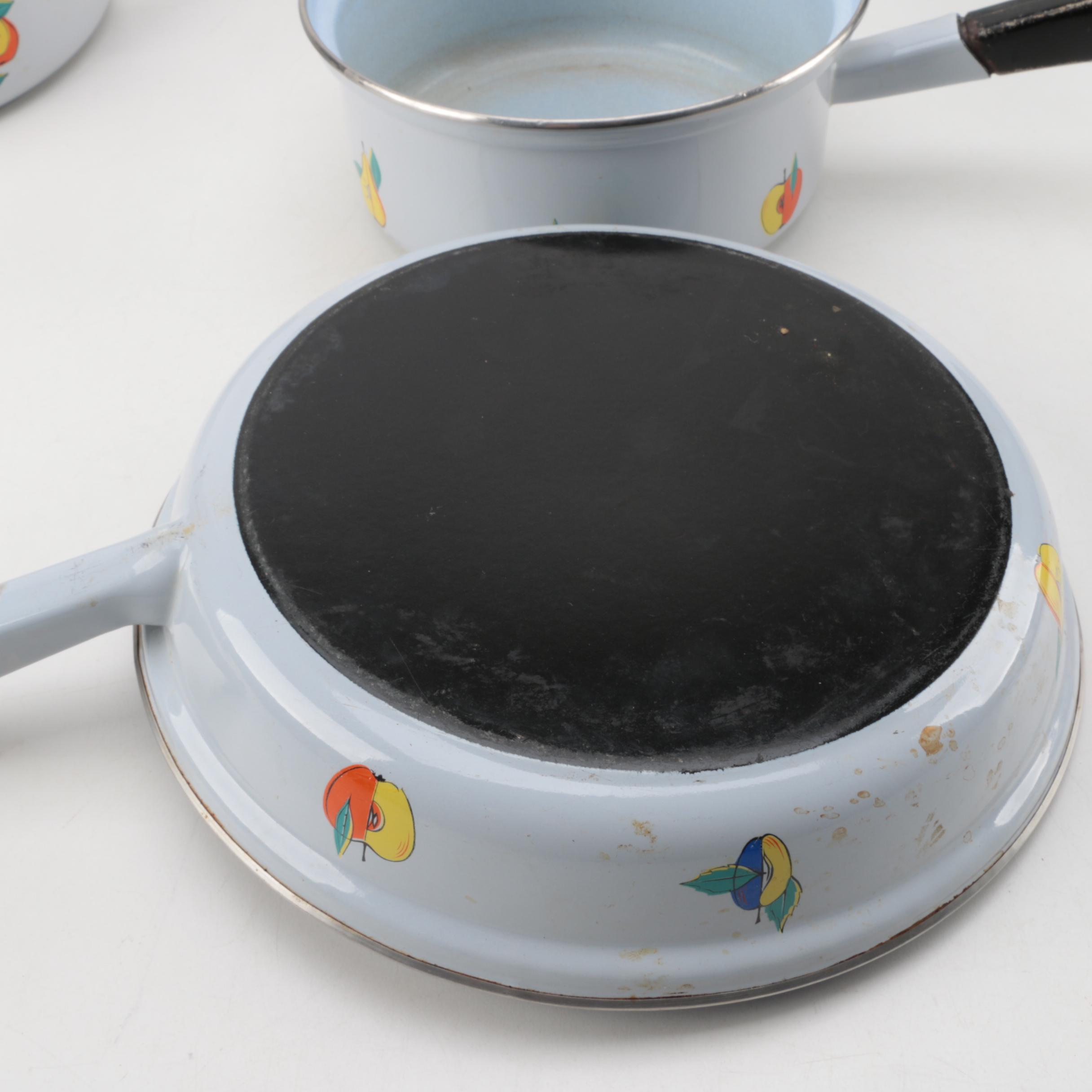 Vintage Enameled Cookware Light Blue with Fruit Design