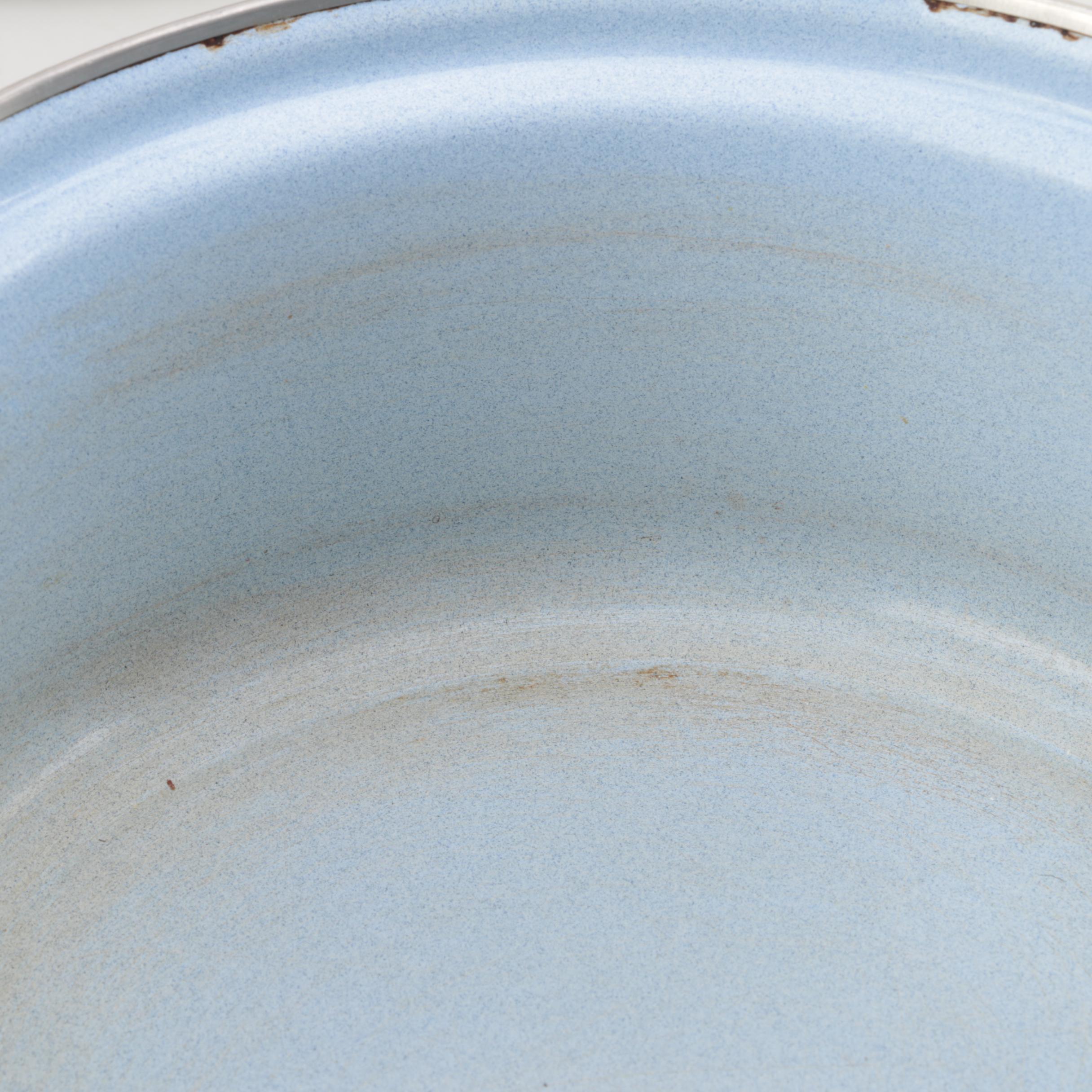 Vintage Enameled Cookware Light Blue with Fruit Design