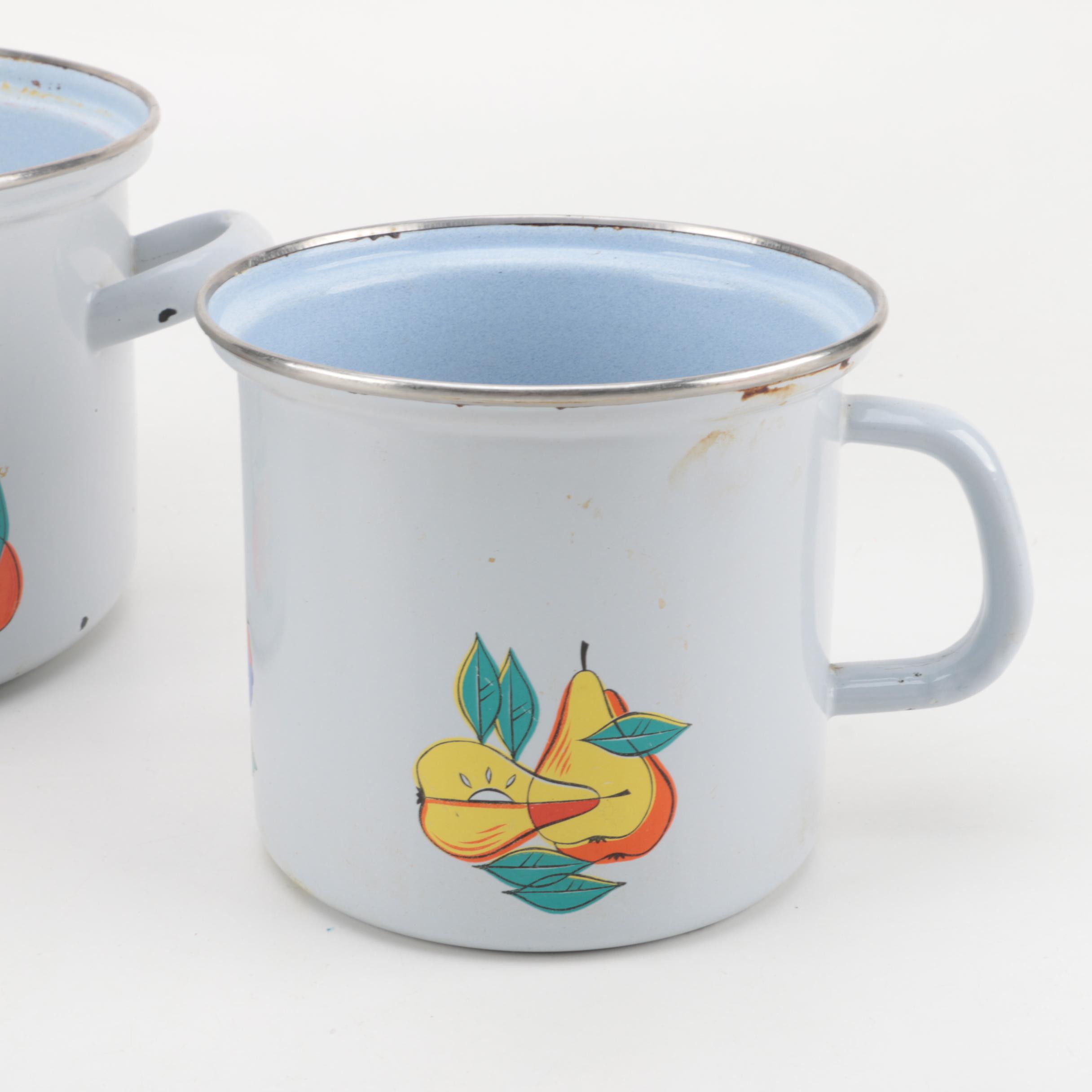 Vintage Enameled Cookware Light Blue with Fruit Design