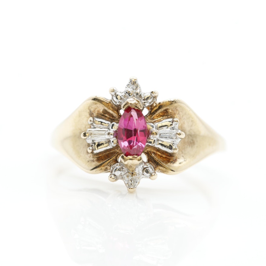 10K Yellow Gold Synthetic Ruby and Diamond Ring