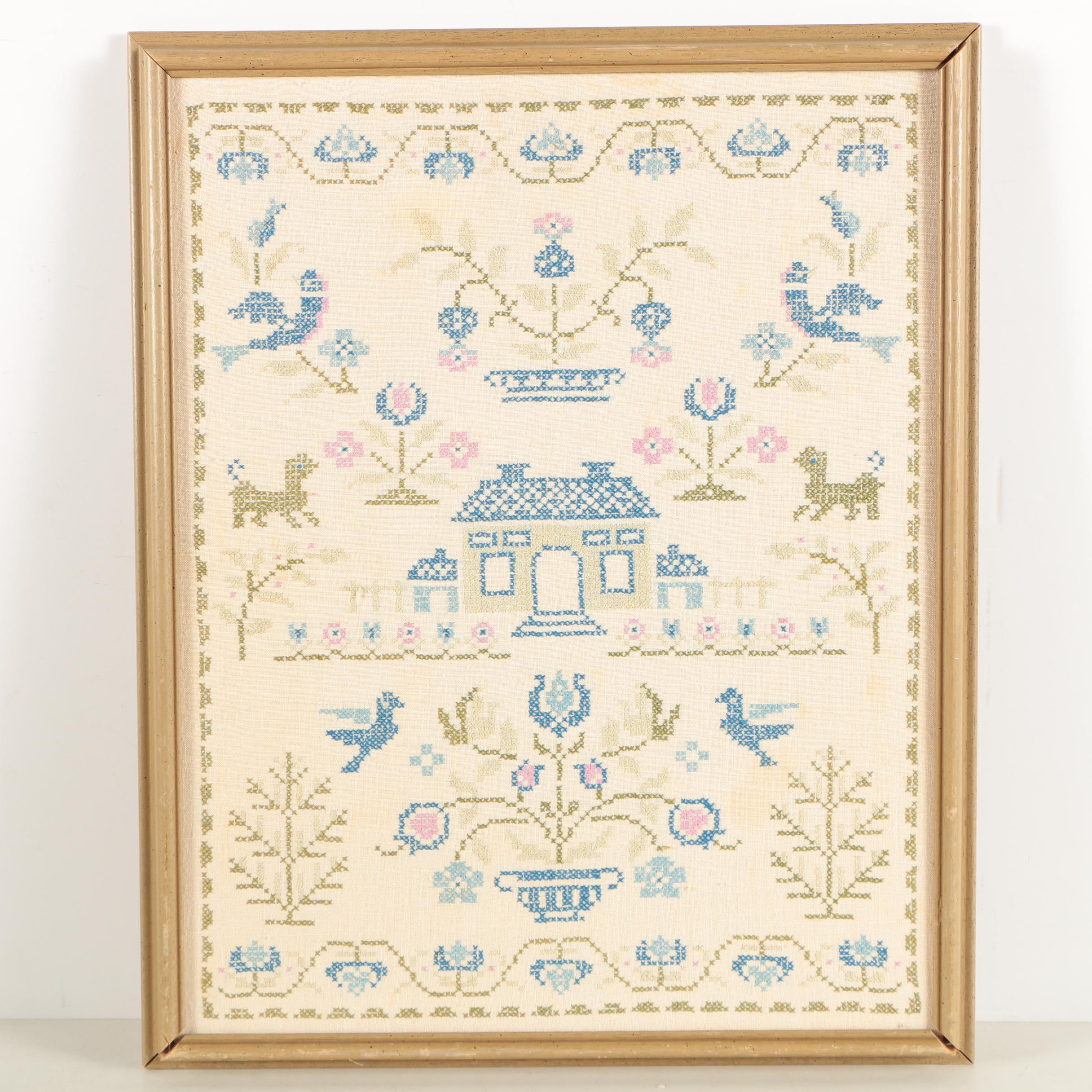 Hand-Stitched Embroidery Pieces Including Samplers and a Lake Scene