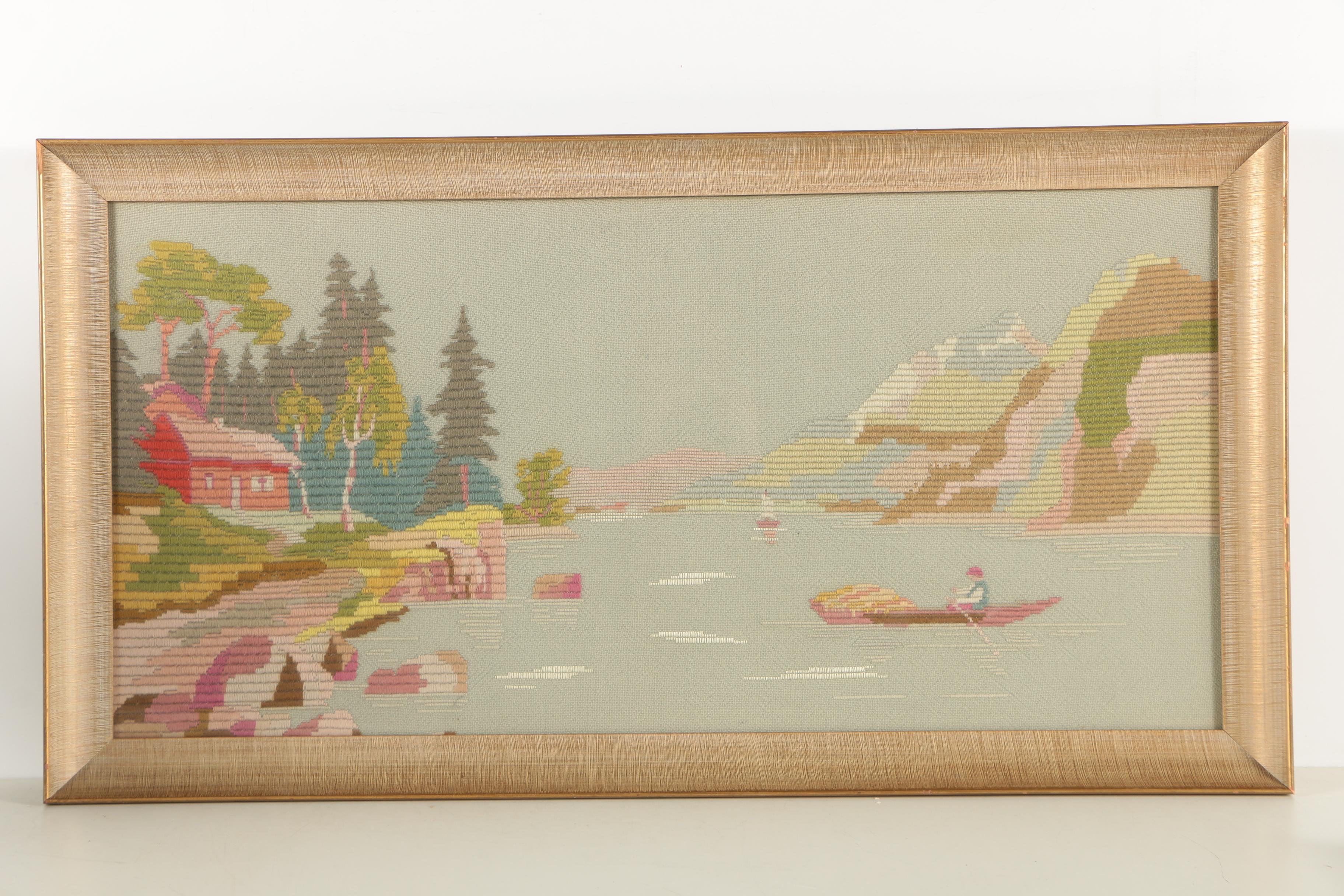 Hand-Stitched Embroidery Pieces Including Samplers and a Lake Scene