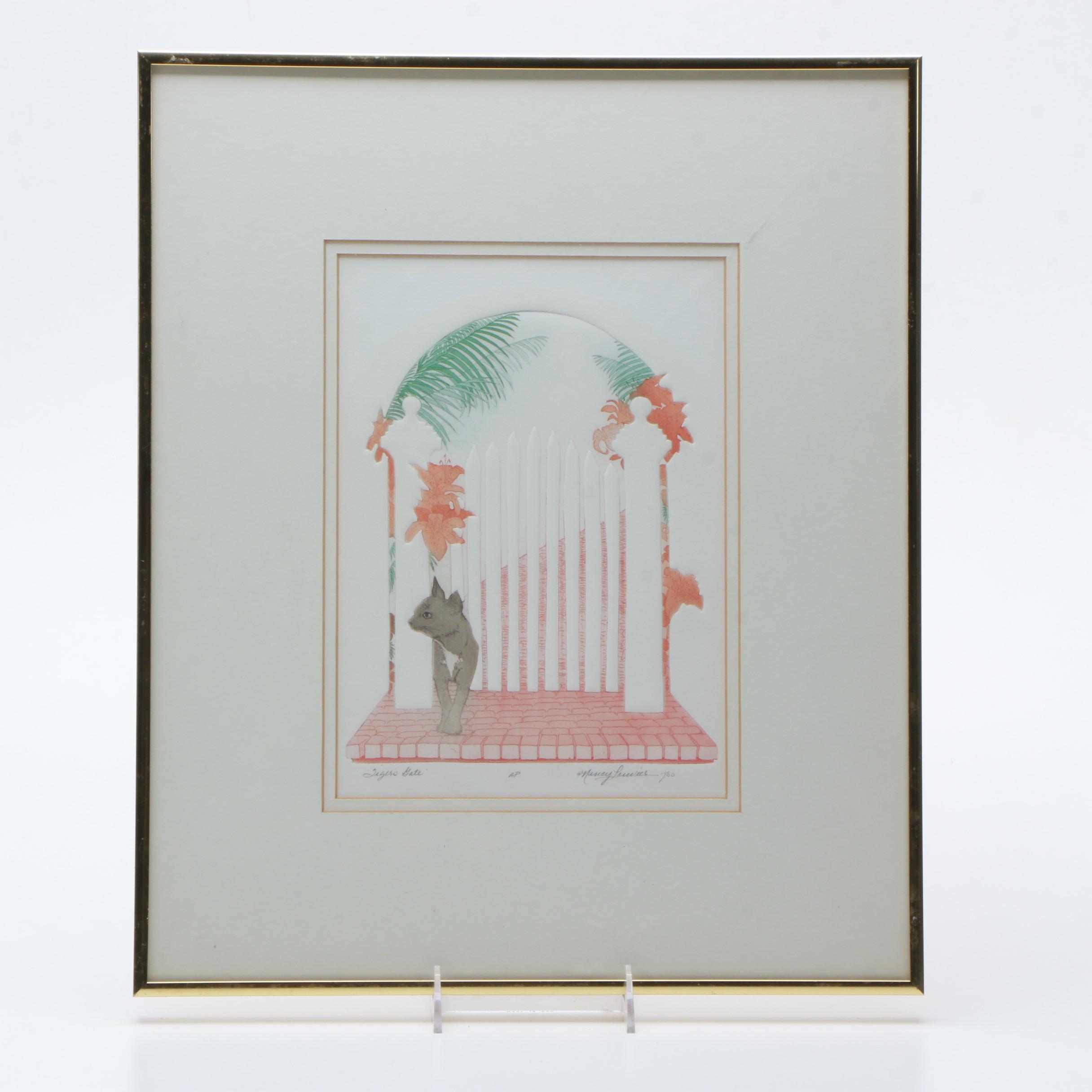 (Pri)Nancy Louvier Artist's Proof Color Etching on Embossed Paper "Tiger's Gate"