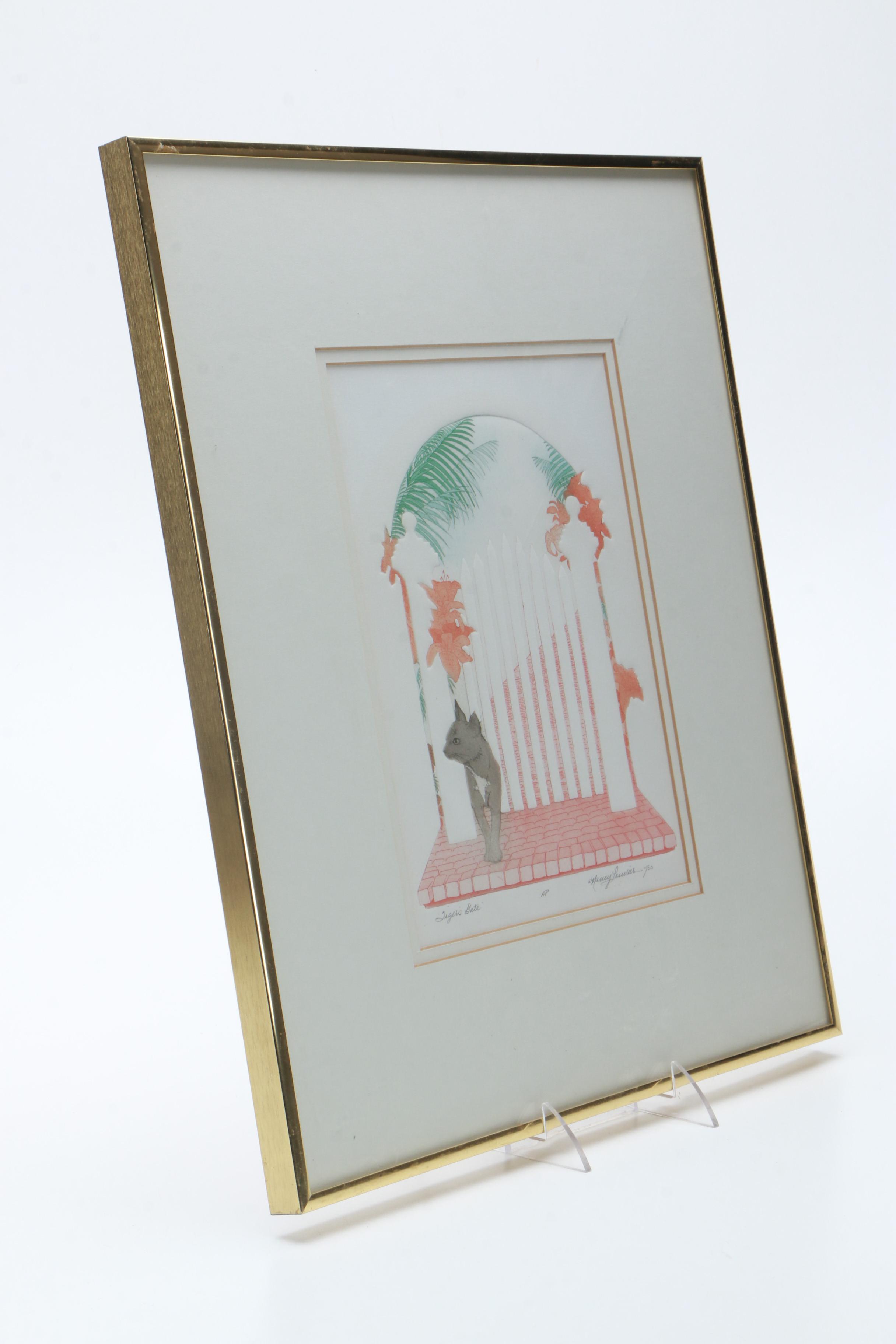 (Pri)Nancy Louvier Artist's Proof Color Etching on Embossed Paper "Tiger's Gate"