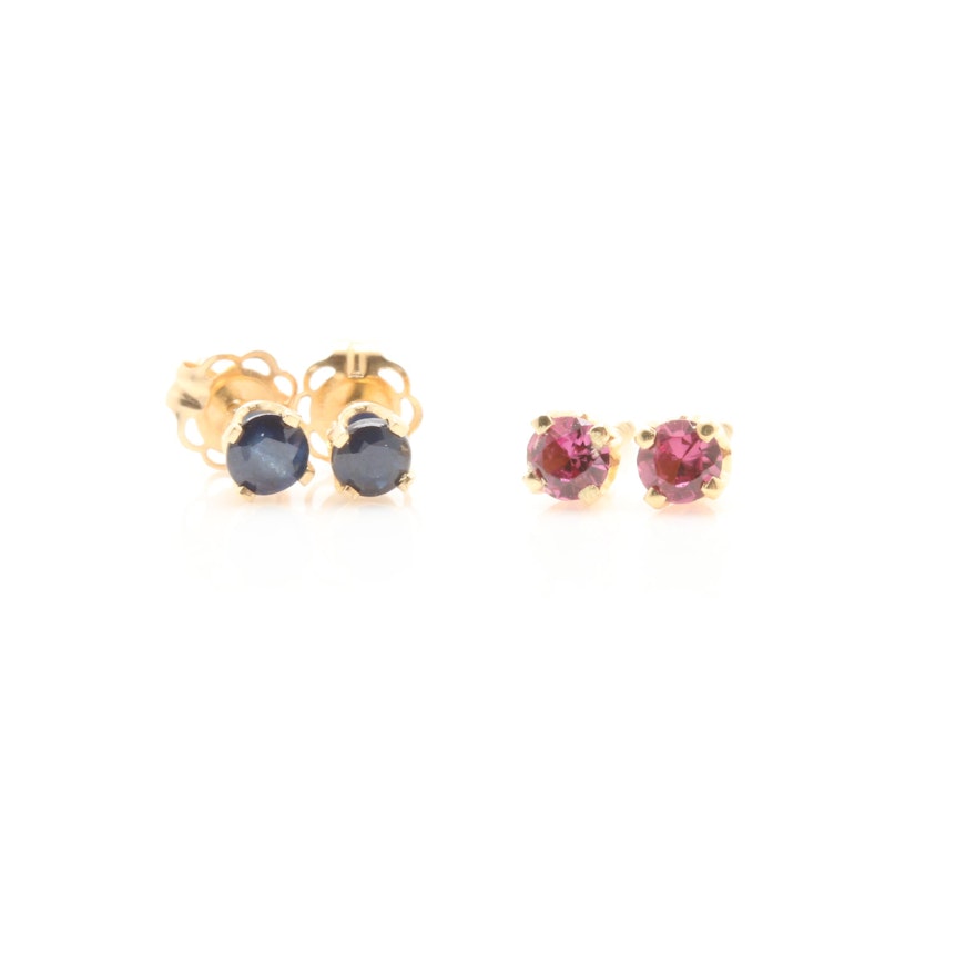 14K Yellow Gold Rhodolite Garnet and Sapphire Stud Earrings