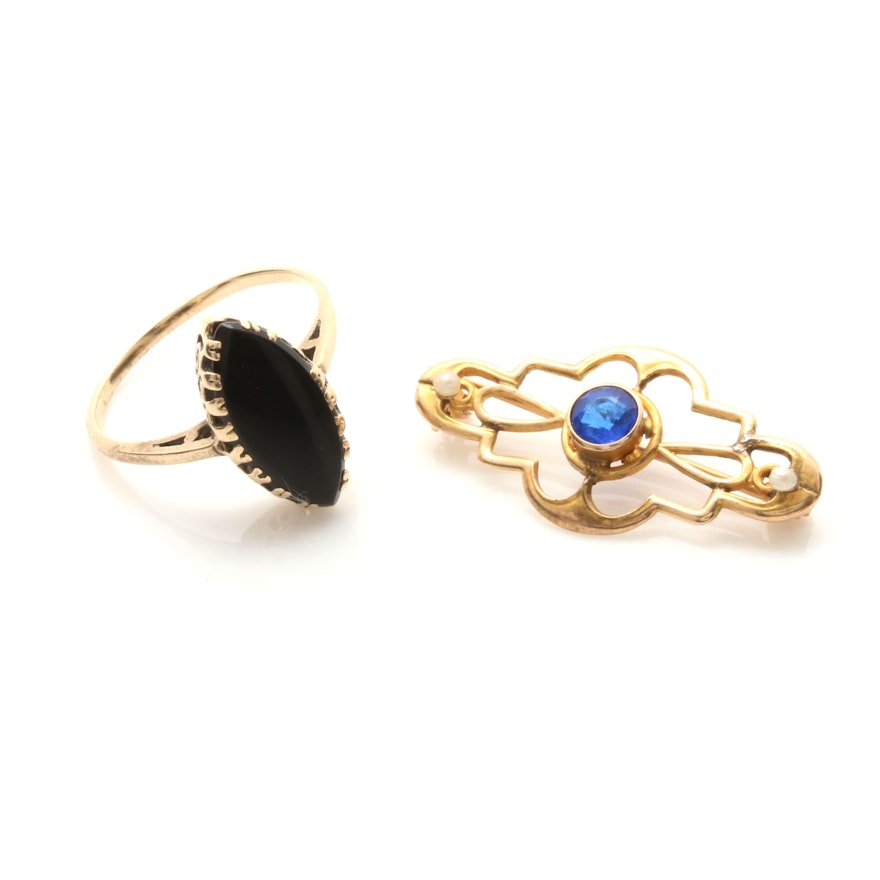 Antique 10K Yellow Gold Black Onyx Ring and Blue Glass Seed Pearl Brooch