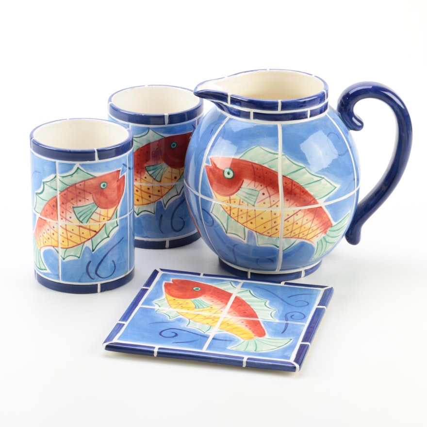 Clay Art "Adriatic" Hand Painted Pitcher, Cups and Trivet