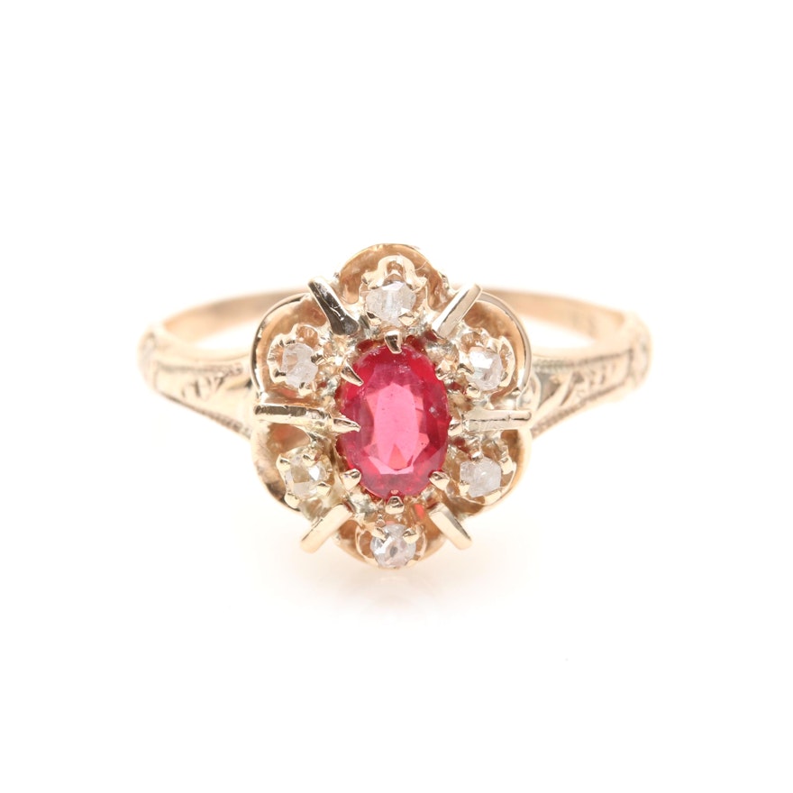 Victorian 10K Yellow Gold Glass and Garnet Doublet and Diamond Ring