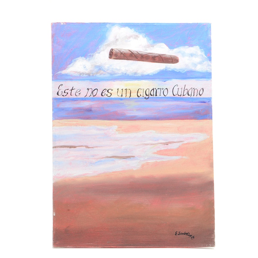 Elliot Jordan Acrylic Painting on Cnavas of Cigar Floating over Beach Scene