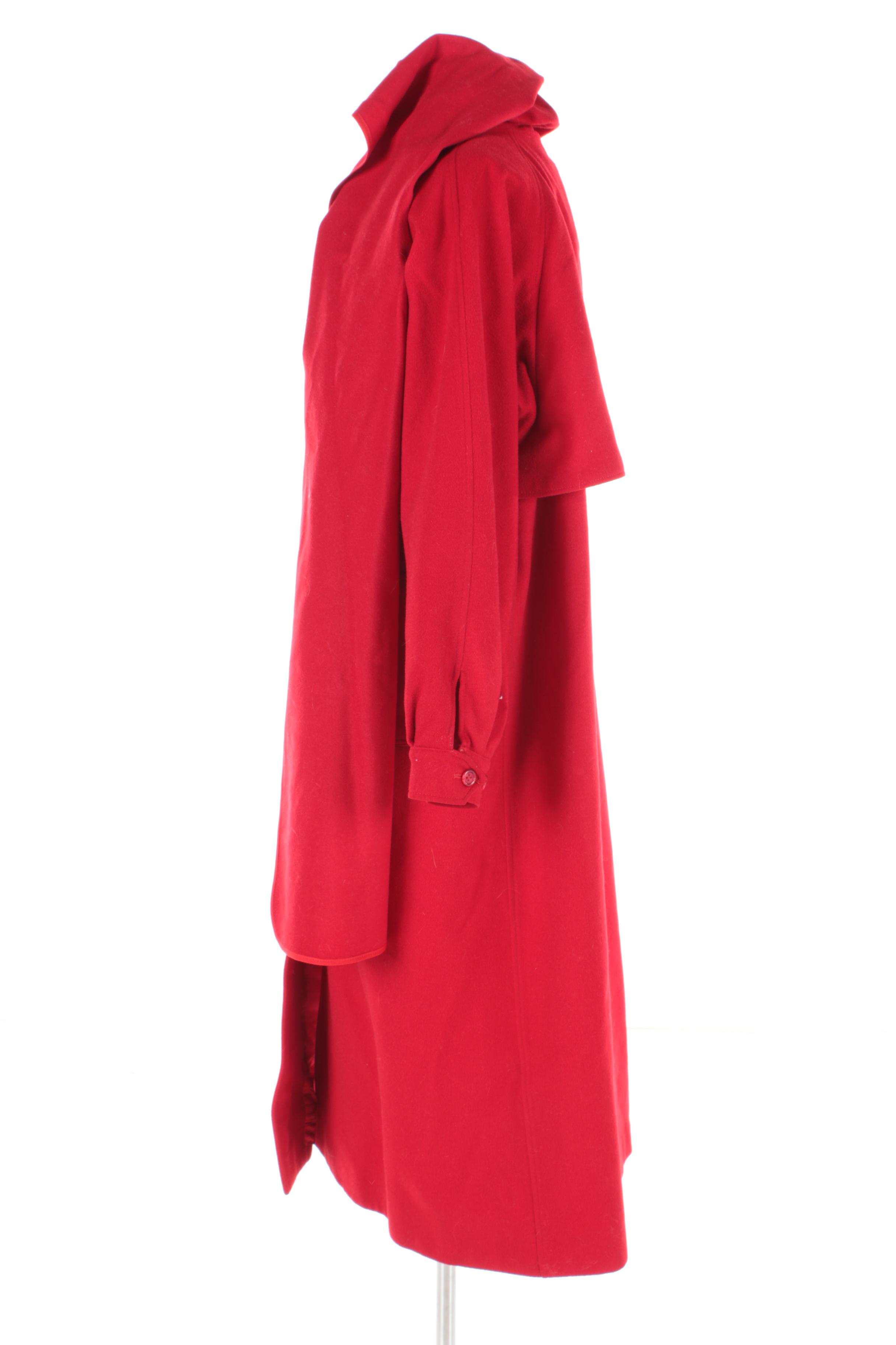 Vintage Burberry Red Wool and Alpaca Coat with Attached Scarf