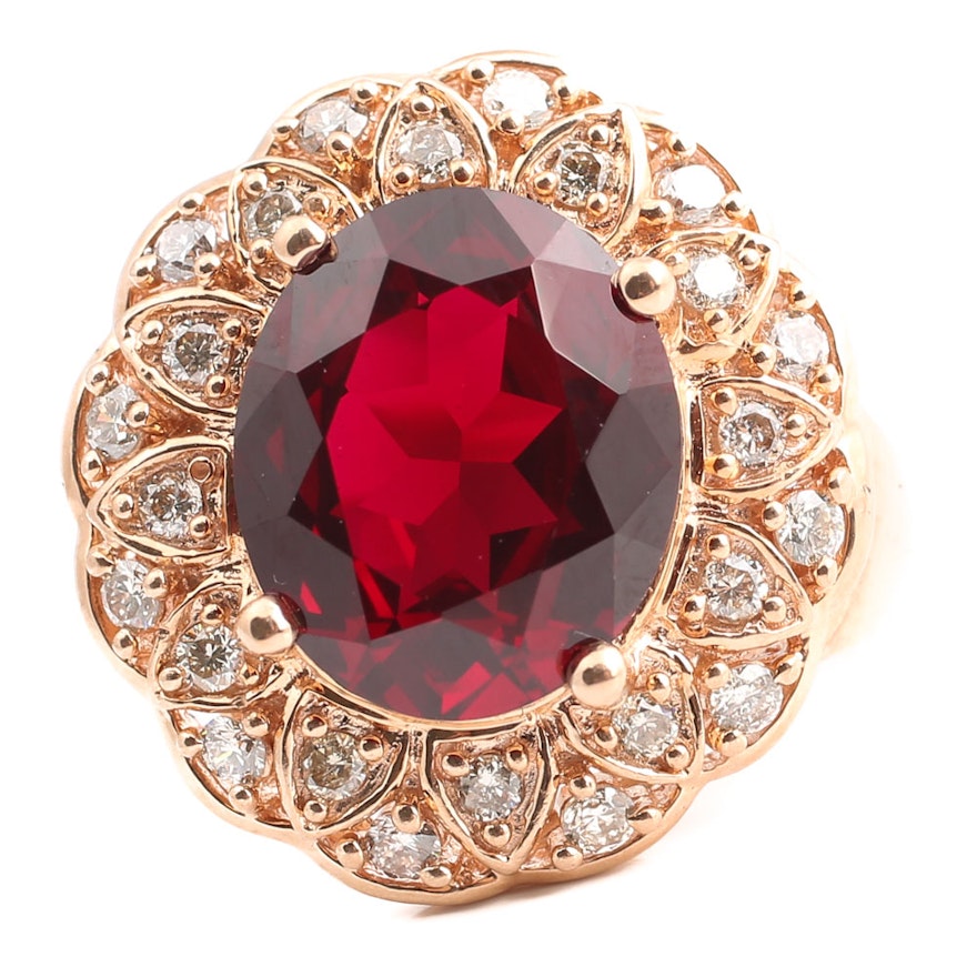14K Rose Gold 6.36 Carat Synthetic Ruby and Diamond Ring