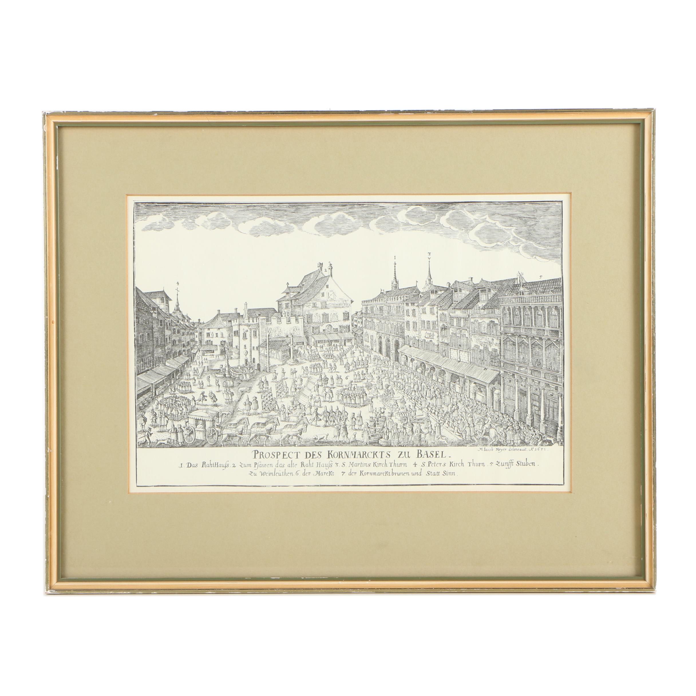 Reproduction Engraving "Prospect Des Kornmarckts zu Basel"