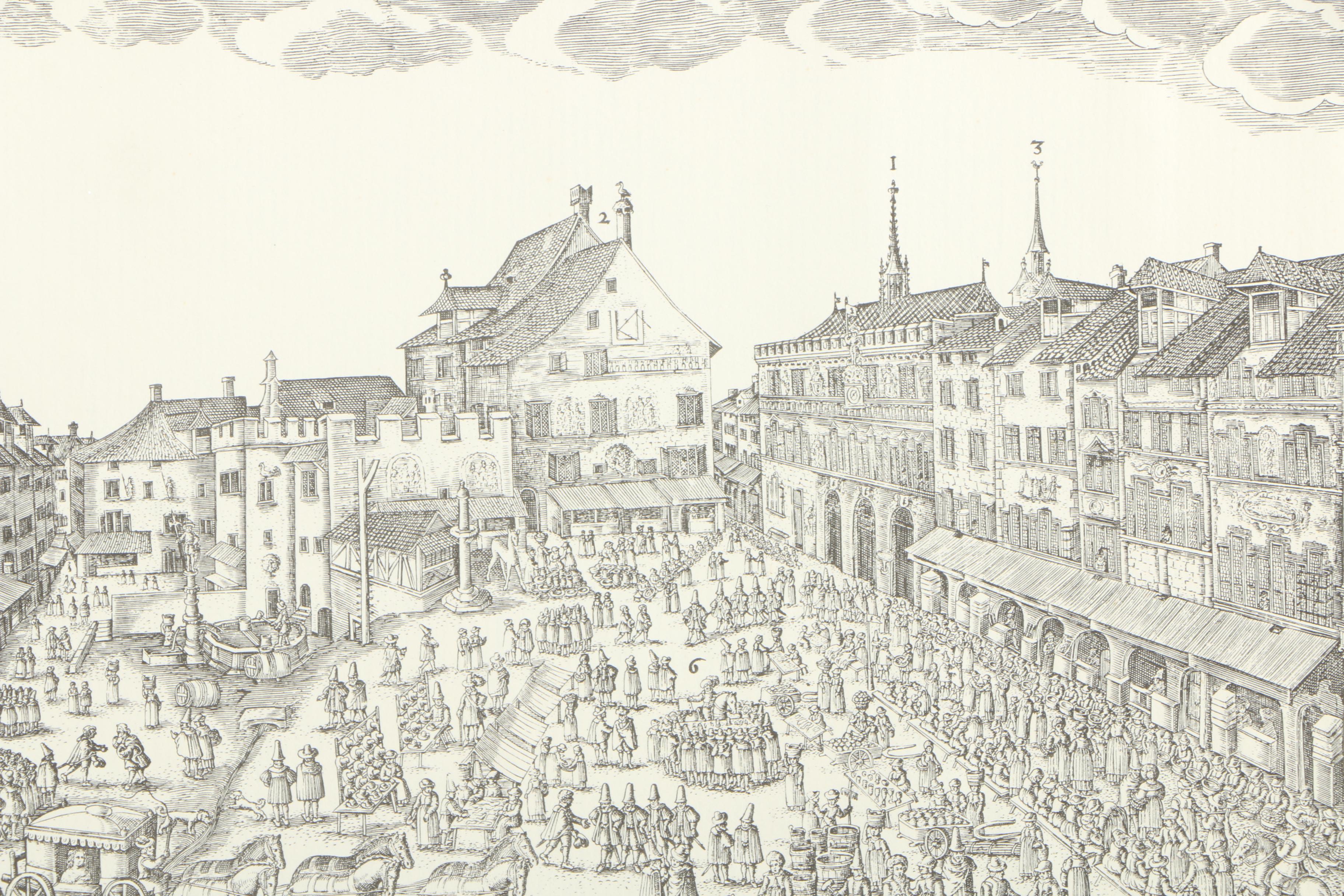 Reproduction Engraving "Prospect Des Kornmarckts zu Basel"
