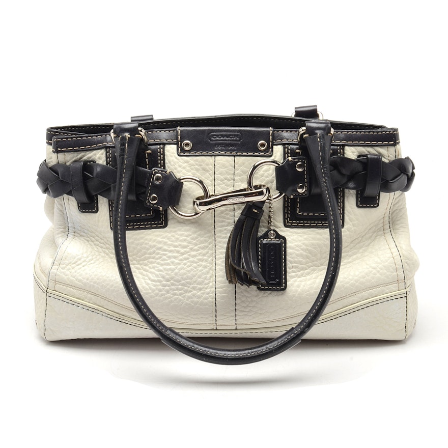 Coach Hamptons Ivory and Black Pebbled Leather Satchel Handbags